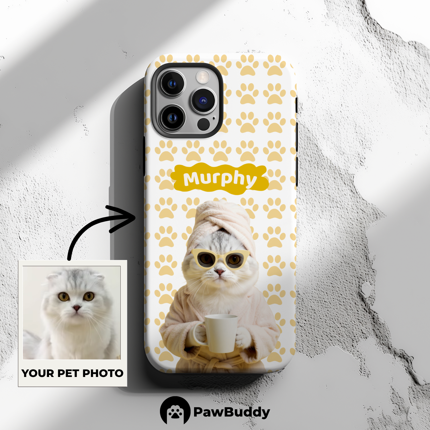Custom Pet Phone Case for iPhone 11–17, Personalized Cozy Spa Day Yellow Paw Pattern Ivory Robe Design, Dual-Layer Shockproof PC+TPU Protective Cover with Glossy Wraparound Printing, Unique Gift for Pet Lovers