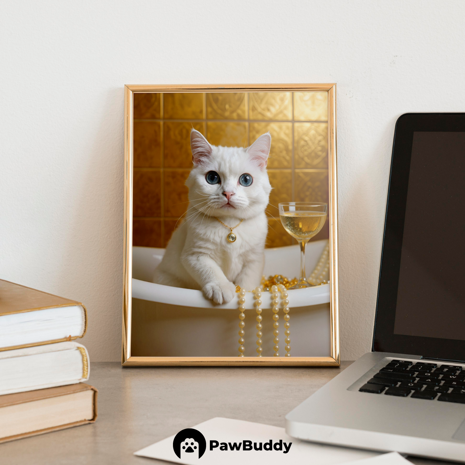 Custom Pet Poster Luxury Bathtub Portrait with Gold Accents and Pearl Details – Personalized High-Resolution Matte Print for Wall Art, Home Decor, or Unique Gifts for Pet Lovers (Frame Not Included)