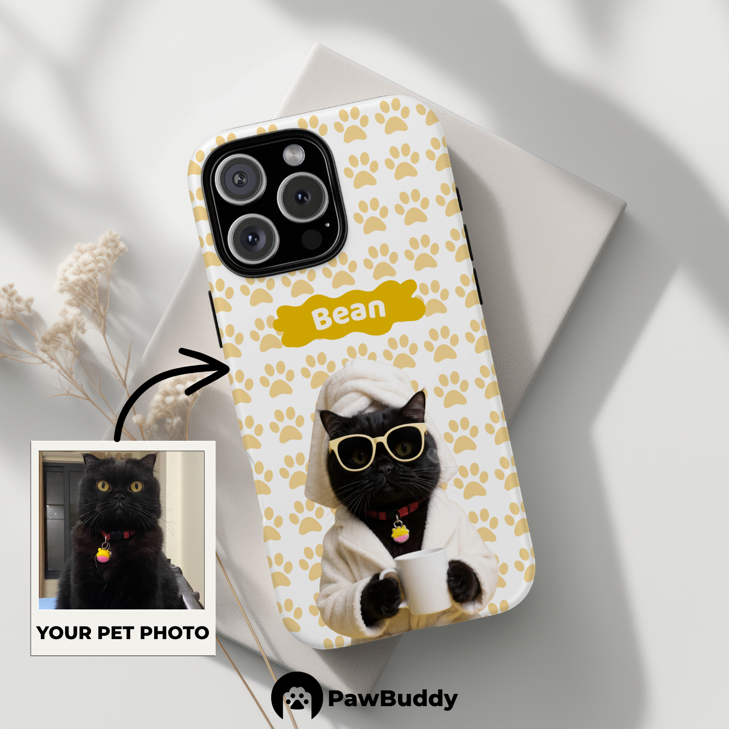 Custom Pet Phone Case for iPhone 11–17, Personalized Cozy Spa Day Yellow Paw Pattern Ivory Robe Design, Dual-Layer Shockproof PC+TPU Protective Cover with Glossy Wraparound Printing, Unique Gift for Pet Lovers
