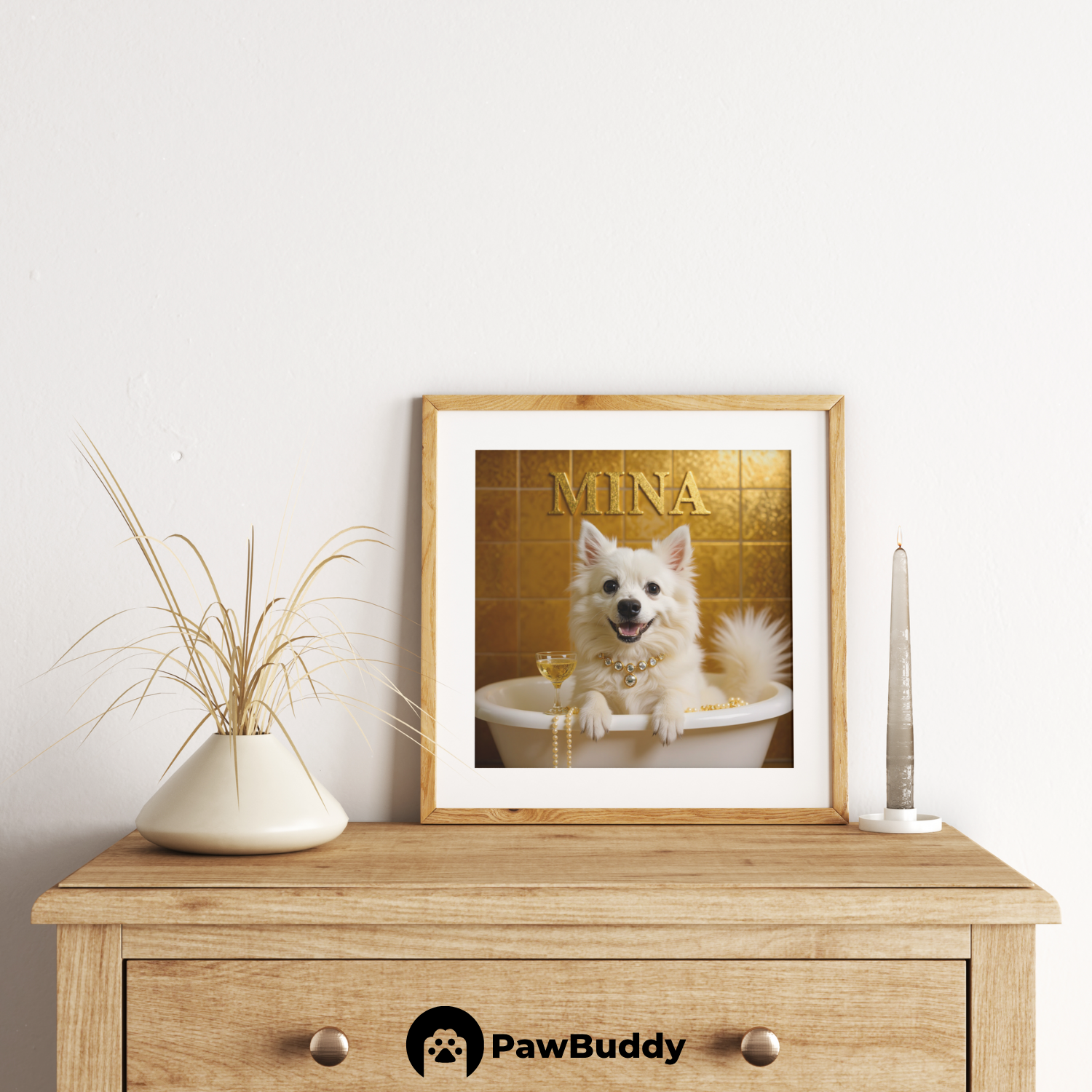 Custom Pet Poster Luxury Bathtub Portrait with Gold Accents and Pearl Details – Personalized High-Resolution Matte Print for Wall Art, Home Decor, or Unique Gifts for Pet Lovers (Frame Not Included)