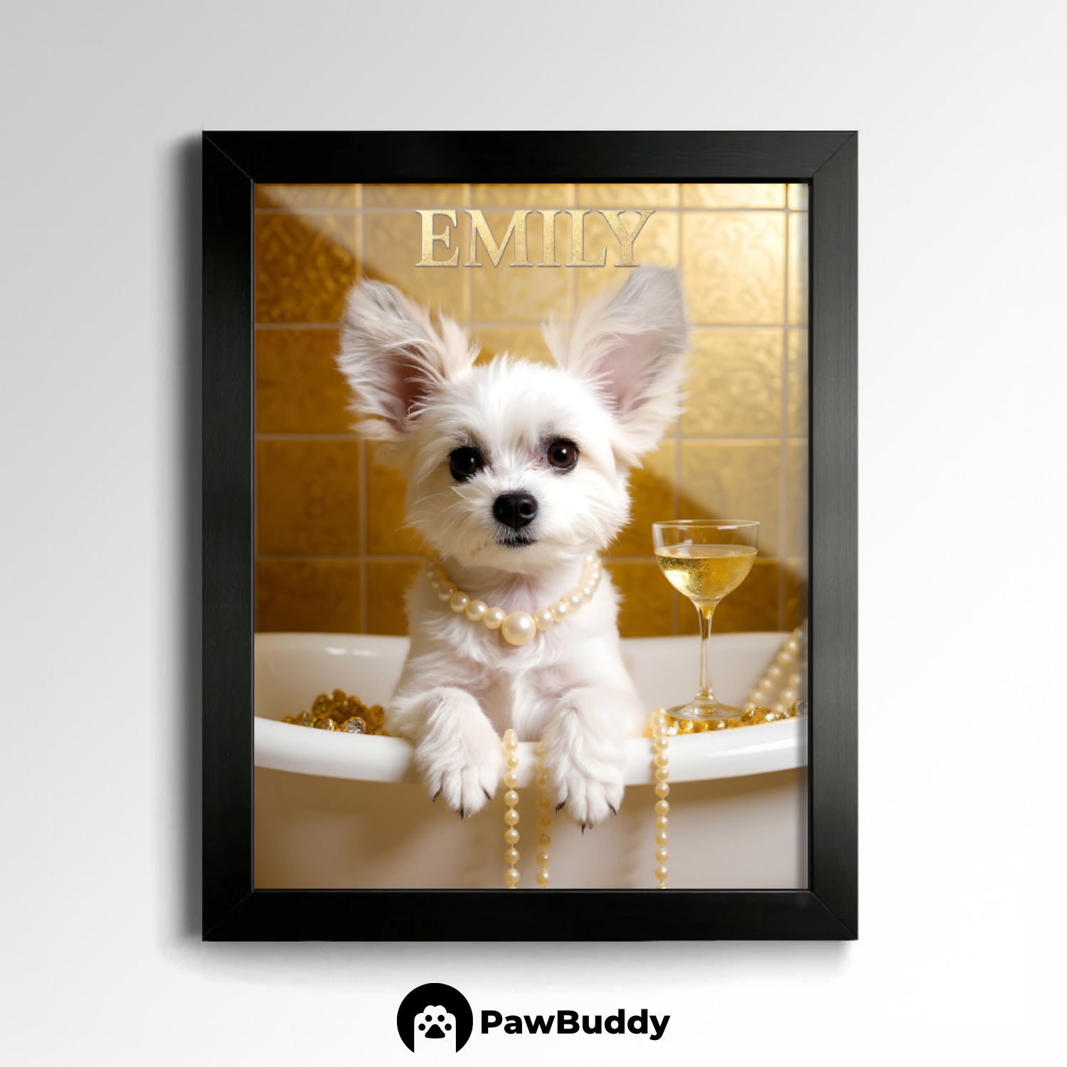 Custom Pet Poster Luxury Bathtub Portrait with Gold Accents and Pearl Details – Personalized High-Resolution Matte Print for Wall Art, Home Decor, or Unique Gifts for Pet Lovers (Frame Not Included)