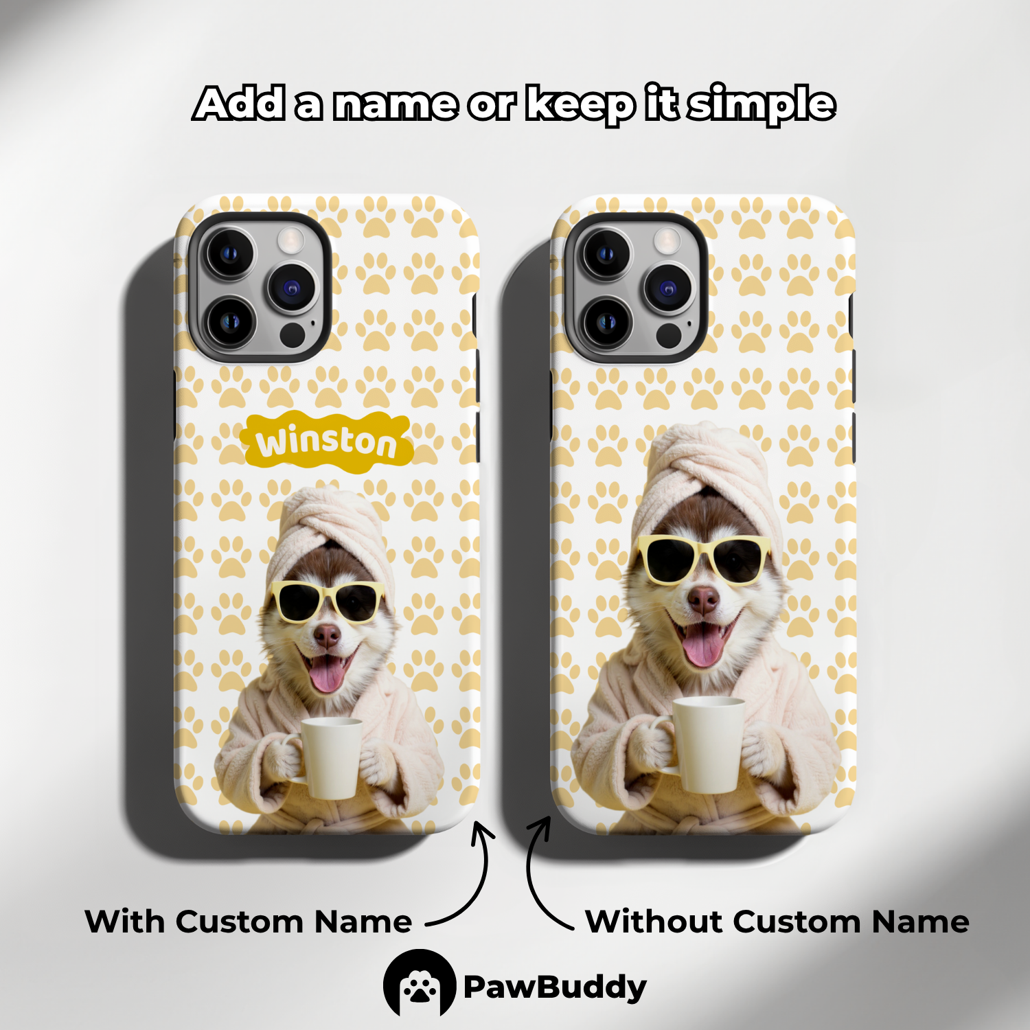 Custom Pet Phone Case for iPhone 11–17, Personalized Cozy Spa Day Yellow Paw Pattern Ivory Robe Design, Dual-Layer Shockproof PC+TPU Protective Cover with Glossy Wraparound Printing, Unique Gift for Pet Lovers