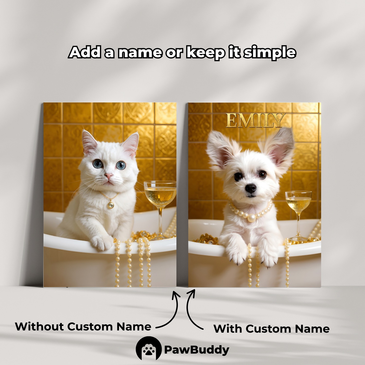 Custom Pet Poster Luxury Bathtub Portrait with Gold Accents and Pearl Details – Personalized High-Resolution Matte Print for Wall Art, Home Decor, or Unique Gifts for Pet Lovers (Frame Not Included)