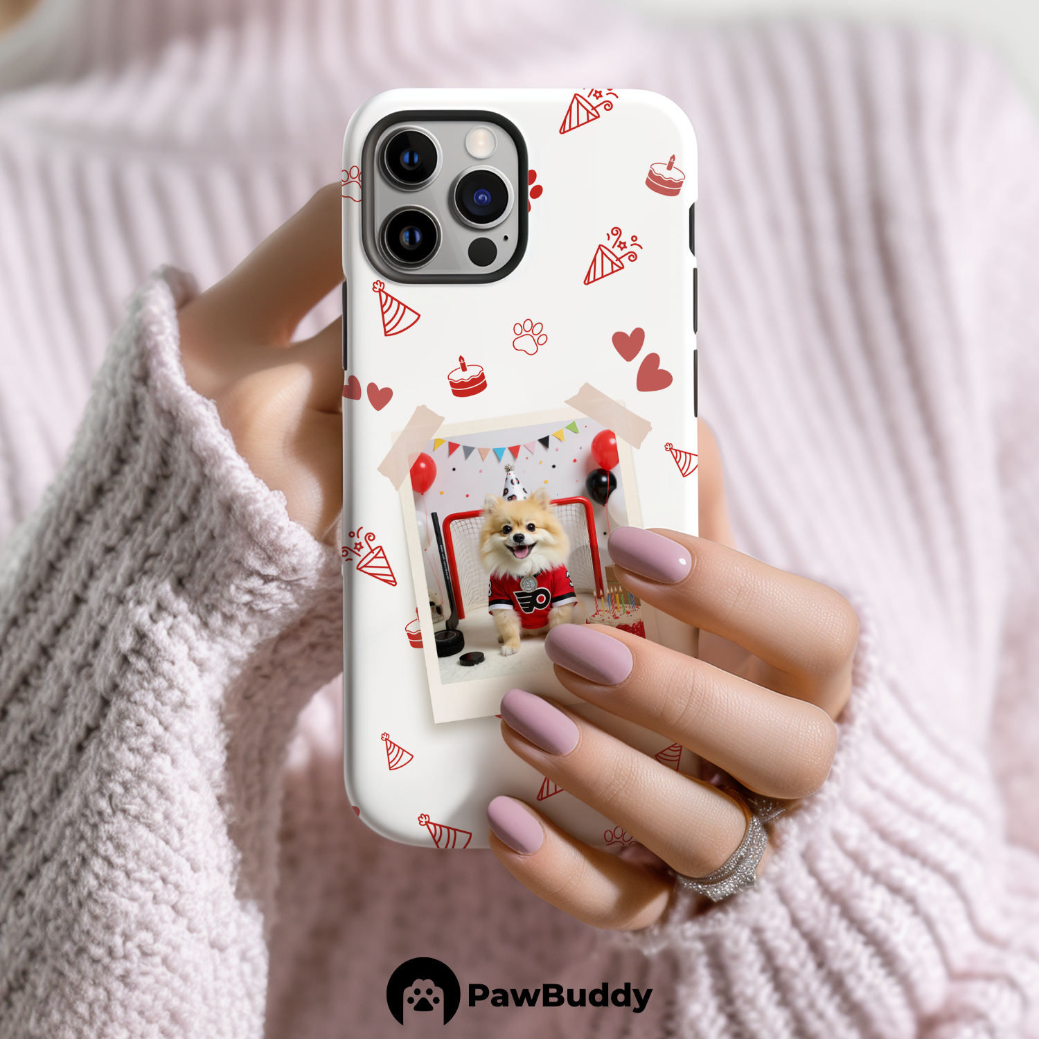 Custom Pet Phone Case for iPhone 11–17, Personalized Birthday Celebration Hockey Red Pattern Polaroid Frame Design, Dual-Layer Shockproof PC+TPU Protective Cover with Glossy Wraparound Printing, Unique Gift for Pet Lovers