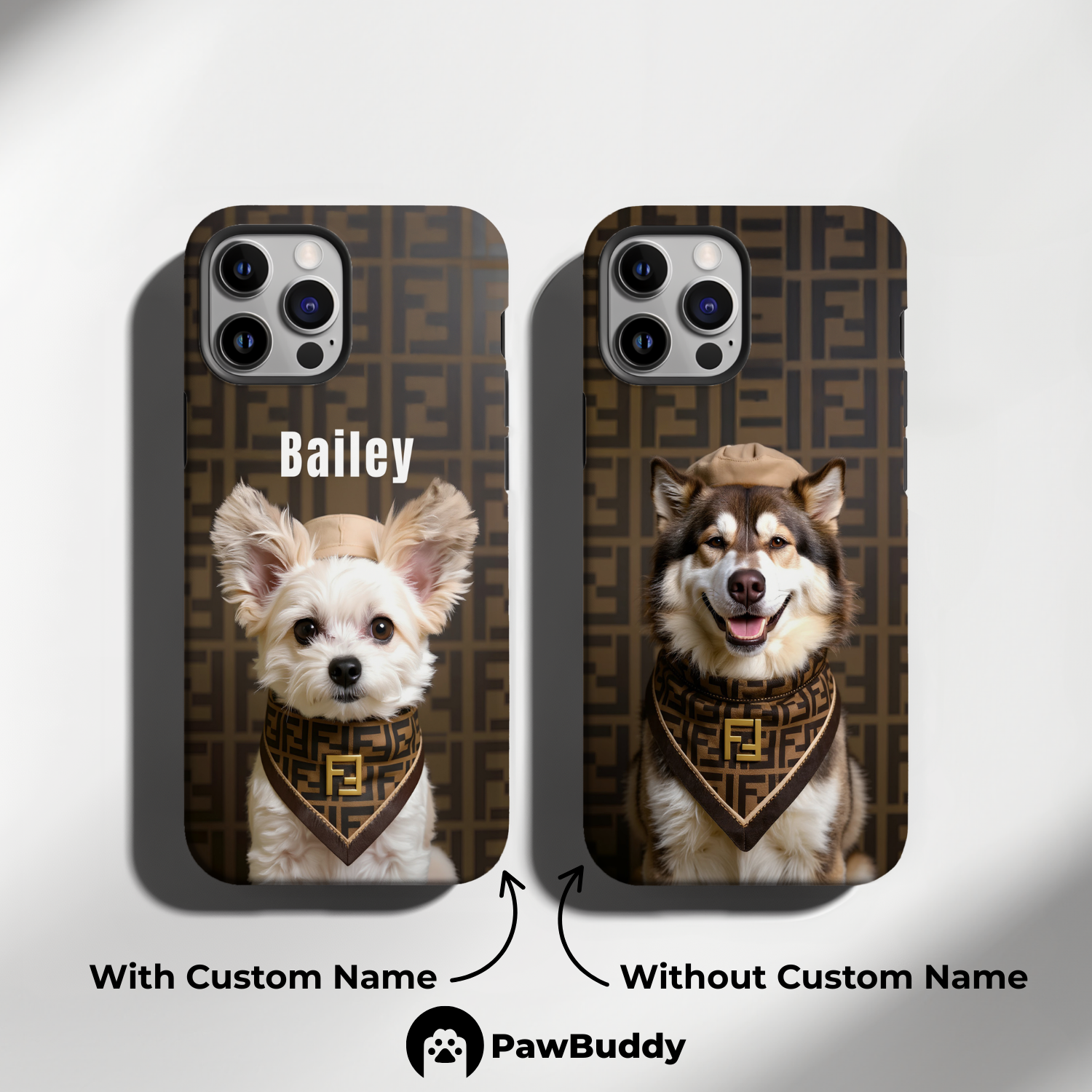 Custom Pet Phone Case for iPhone 11–17, Personalized Luxury Monogram Scarf Studio Portrait Design, Dual-Layer Shockproof PC+TPU Protective Cover with Glossy Wraparound Printing, Unique Gift for Pet Lovers