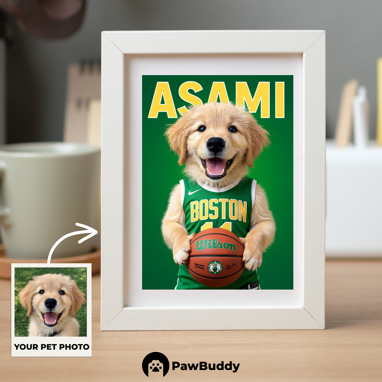 Custom Pet Poster Classic Green Basketball Portrait – Personalized High-Resolution Matte Print for Wall Art, Home Decor, or Unique Gifts for Pet Lovers (Frame Not Included)