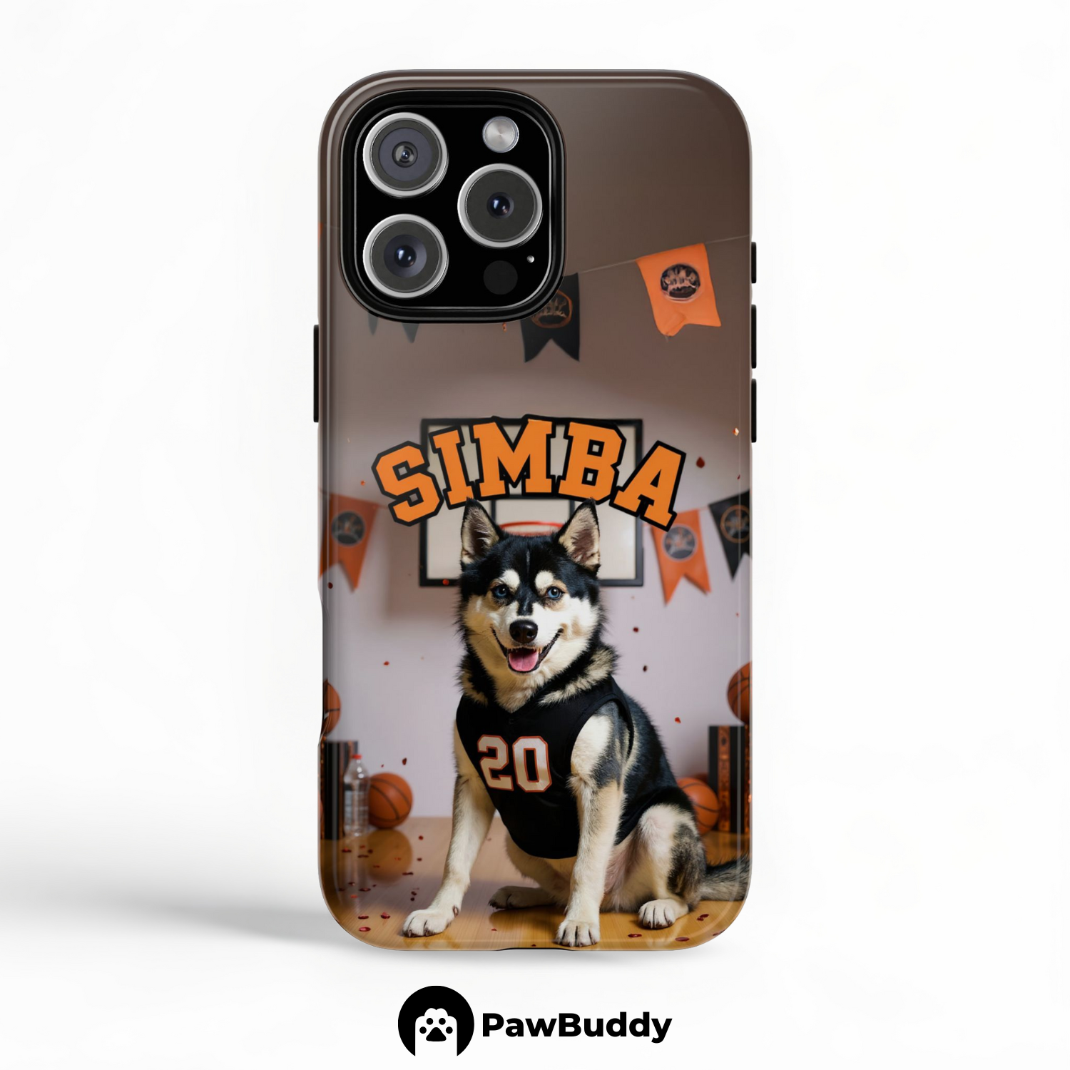 Custom Pet Phone Case for iPhone 11–17, Personalized Basketball Black Jersey Studio Design with Orange Banner Decor, Dual-Layer Shockproof PC+TPU Protective Cover with Glossy Wraparound Printing, Unique Gift for Pet Lovers