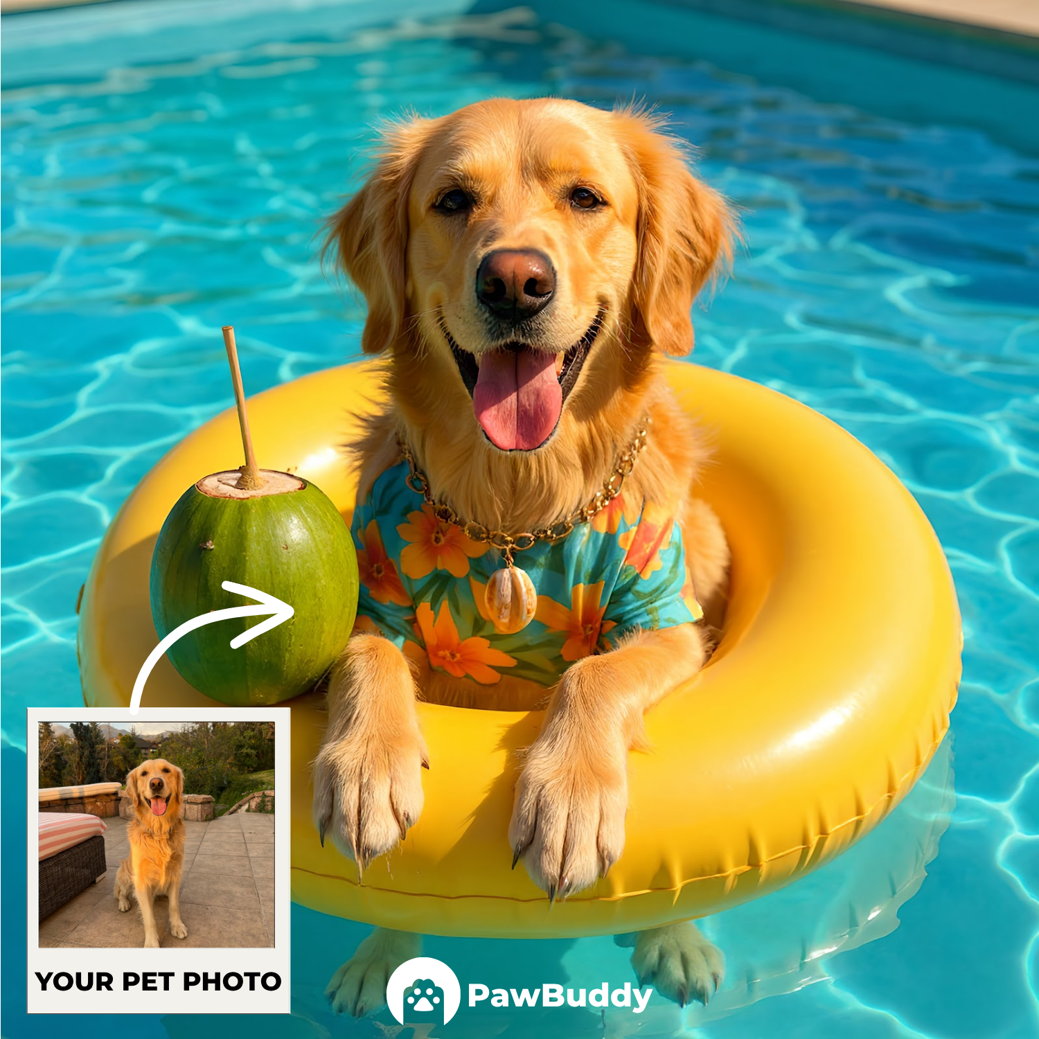 Custom Pet Portrait Sunshine Yellow Coconut Paradise Pool Style Digital Artwork - Personalized High-Resolution Artwork for Pet Lovers, Perfect for Online Sharing or as a Unique Summer-Themed Keepsake