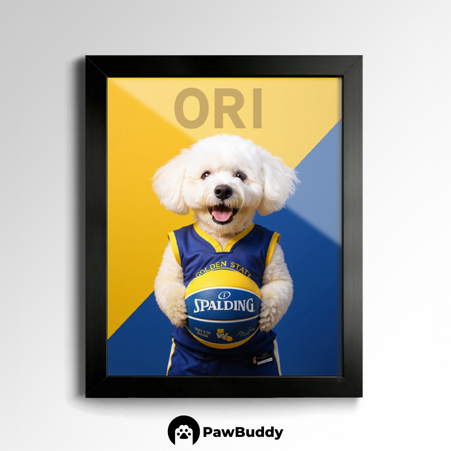 Custom Pet Poster Blue & Yellow Basketball Spirit Portrait – Personalized High-Resolution Matte Print for Wall Art, Home Decor, or Unique Gifts for Pet Lovers (Frame Not Included)