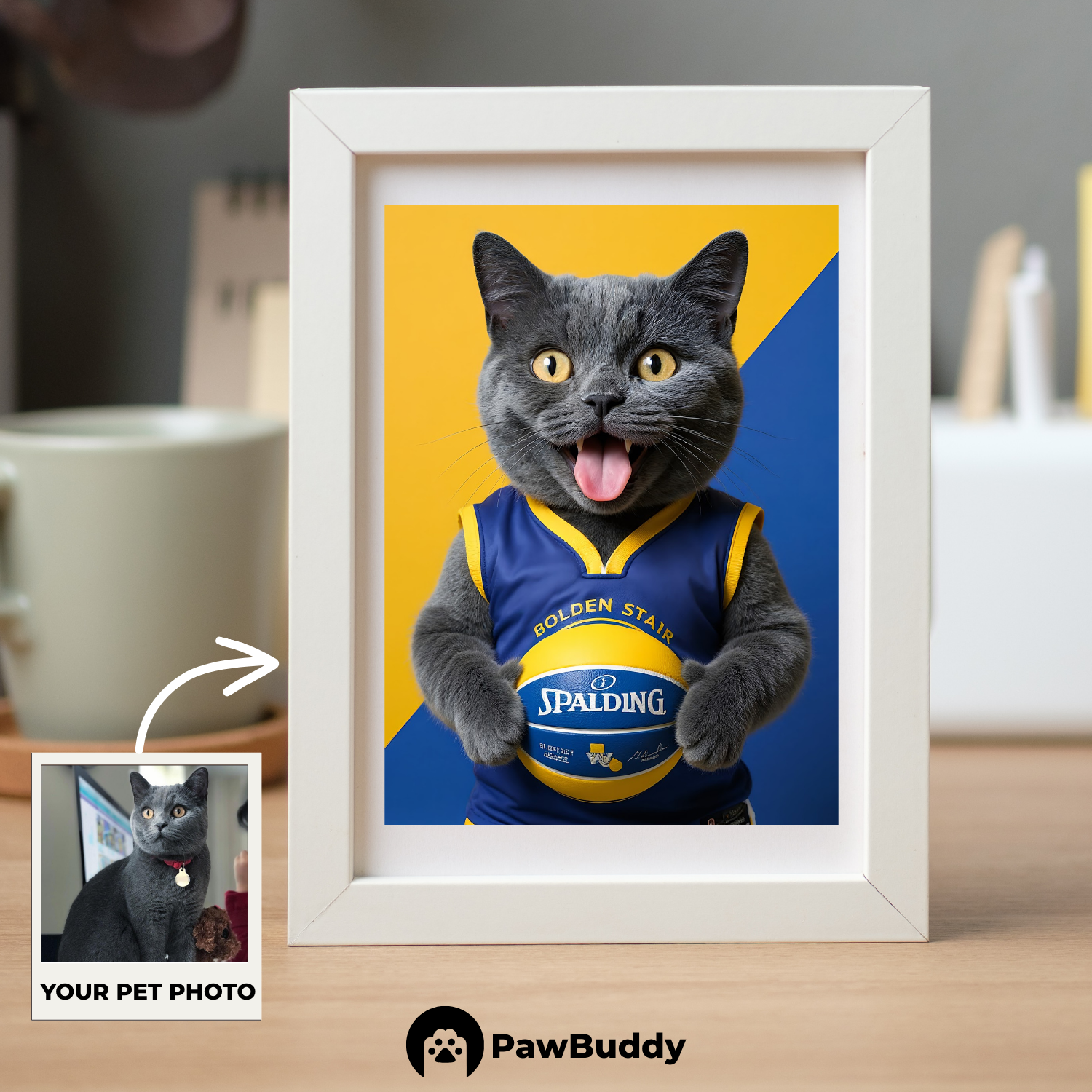 Custom Pet Poster Blue & Yellow Basketball Spirit Portrait – Personalized High-Resolution Matte Print for Wall Art, Home Decor, or Unique Gifts for Pet Lovers (Frame Not Included)