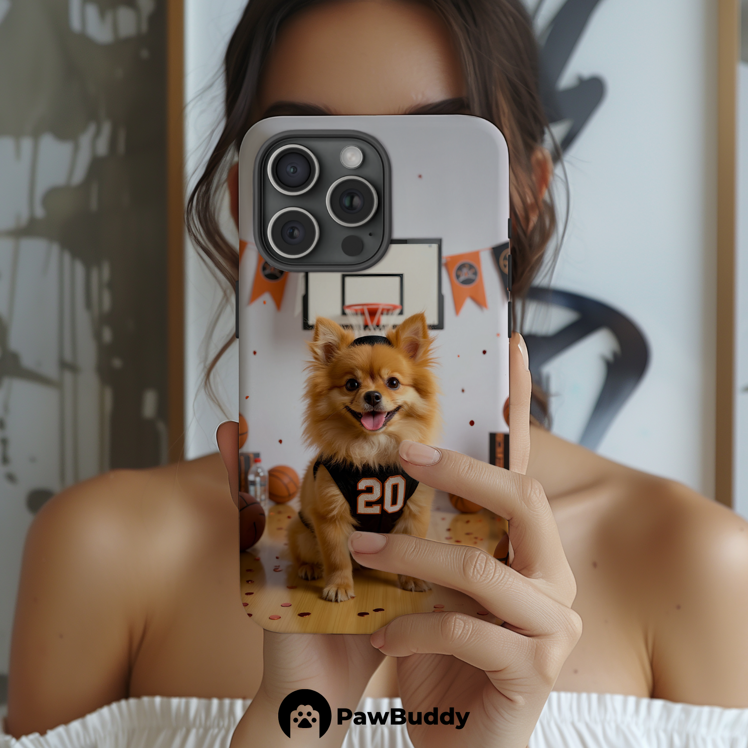 Custom Pet Phone Case for iPhone 11–17, Personalized Basketball Black Jersey Studio Design with Orange Banner Decor, Dual-Layer Shockproof PC+TPU Protective Cover with Glossy Wraparound Printing, Unique Gift for Pet Lovers