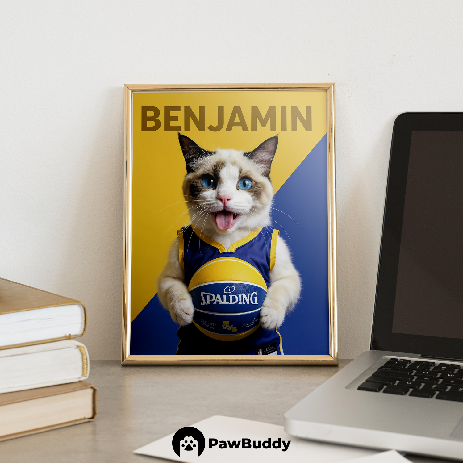 Custom Pet Poster Blue & Yellow Basketball Spirit Portrait – Personalized High-Resolution Matte Print for Wall Art, Home Decor, or Unique Gifts for Pet Lovers (Frame Not Included)