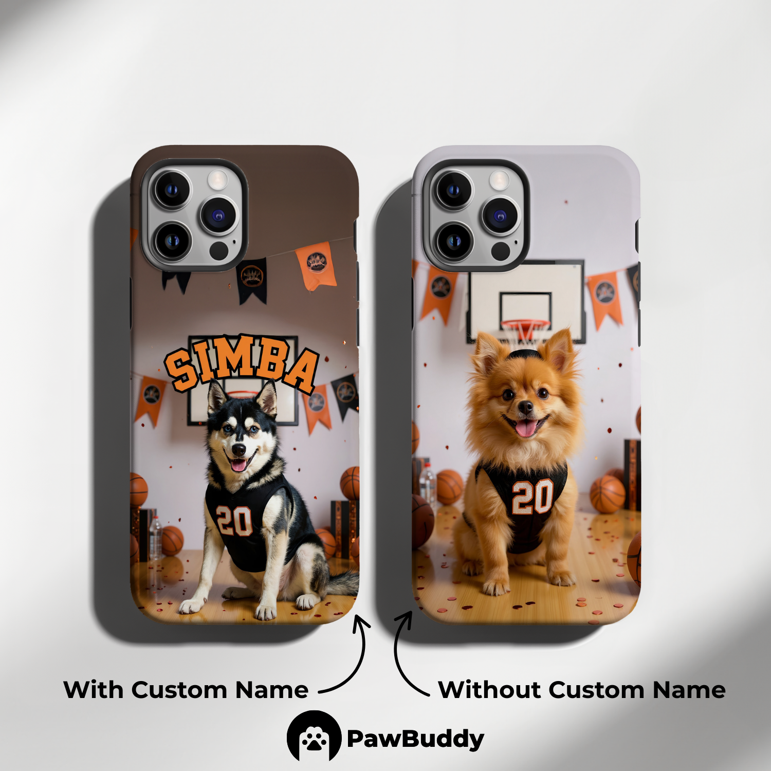 Custom Pet Phone Case for iPhone 11–17, Personalized Basketball Black Jersey Studio Design with Orange Banner Decor, Dual-Layer Shockproof PC+TPU Protective Cover with Glossy Wraparound Printing, Unique Gift for Pet Lovers