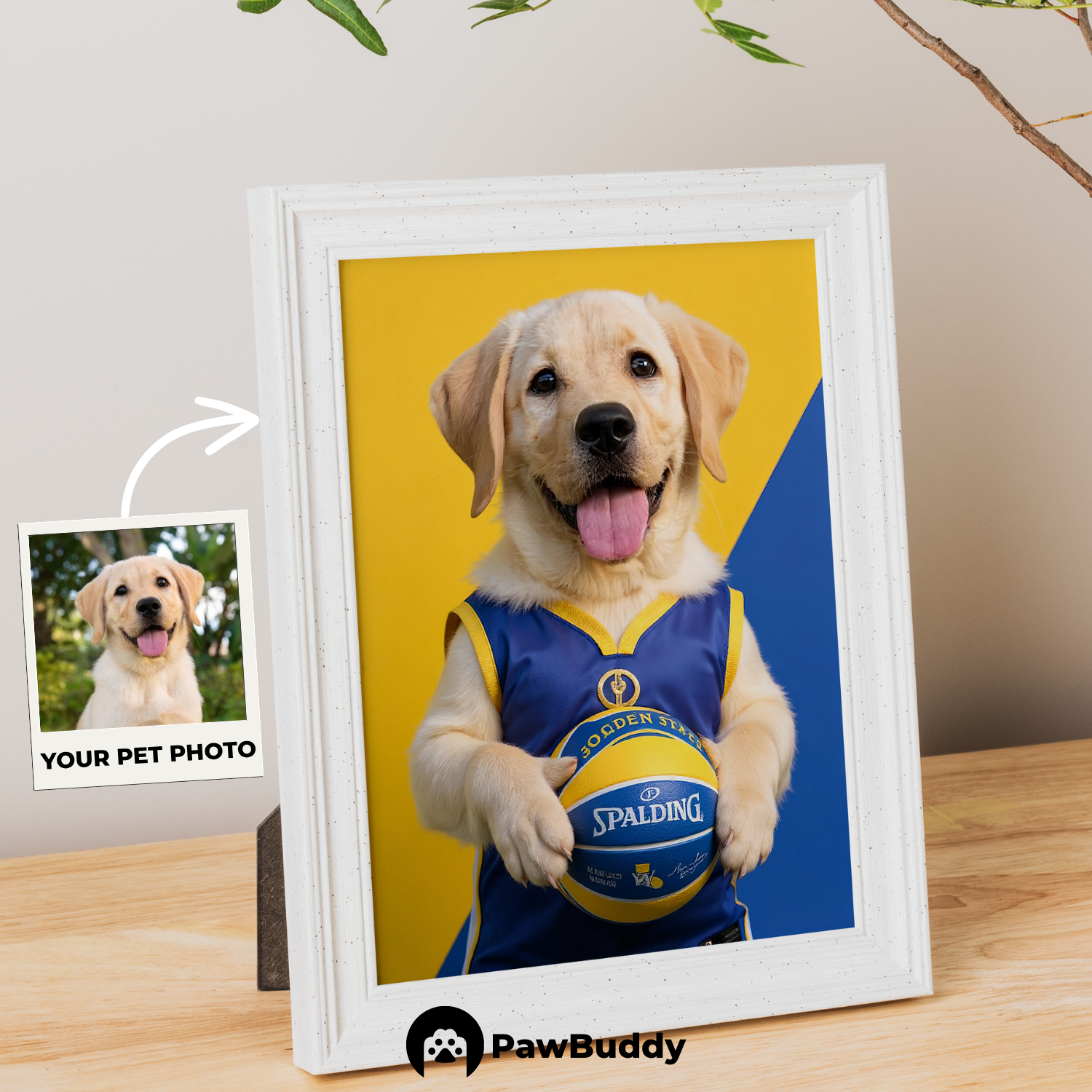 Custom Pet Poster Blue & Yellow Basketball Spirit Portrait – Personalized High-Resolution Matte Print for Wall Art, Home Decor, or Unique Gifts for Pet Lovers (Frame Not Included)