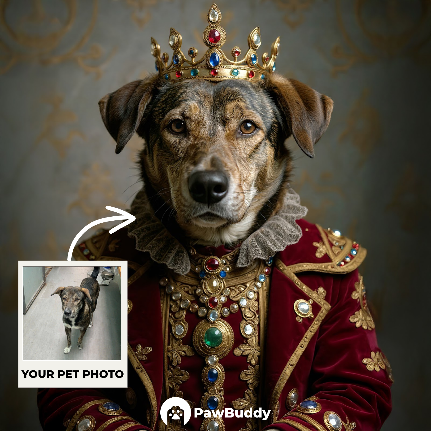 Custom Pet Portrait Regal Elegance Digital Artwork - Personalized High-Resolution Artwork for Pet Lovers, Perfect for Online Sharing or as a Unique Royal-Themed Keepsake