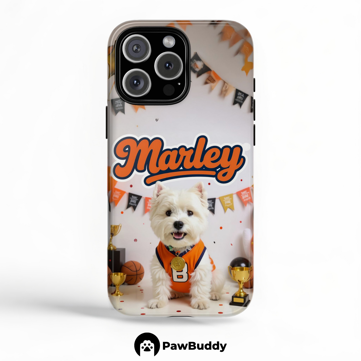 Custom Pet Phone Case for iPhone 11–17, Personalized Basketball Champion Orange Jersey Studio Design with Trophy and Banner Decor, Dual-Layer Shockproof PC+TPU Protective Cover with Glossy Wraparound Printing, Unique Gift for Pet Lovers