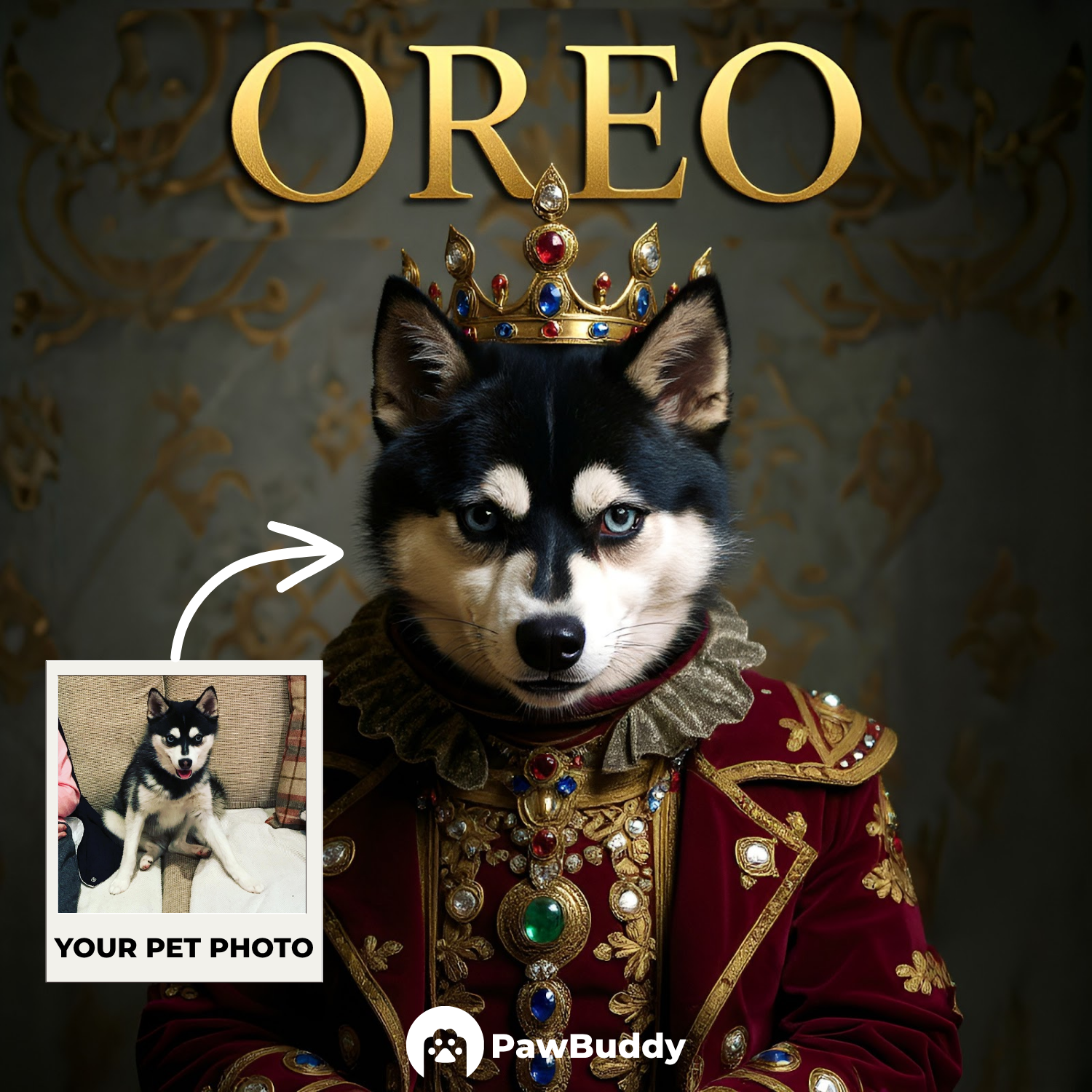 Custom Pet Portrait Regal Elegance Digital Artwork - Personalized High-Resolution Artwork for Pet Lovers, Perfect for Online Sharing or as a Unique Royal-Themed Keepsake