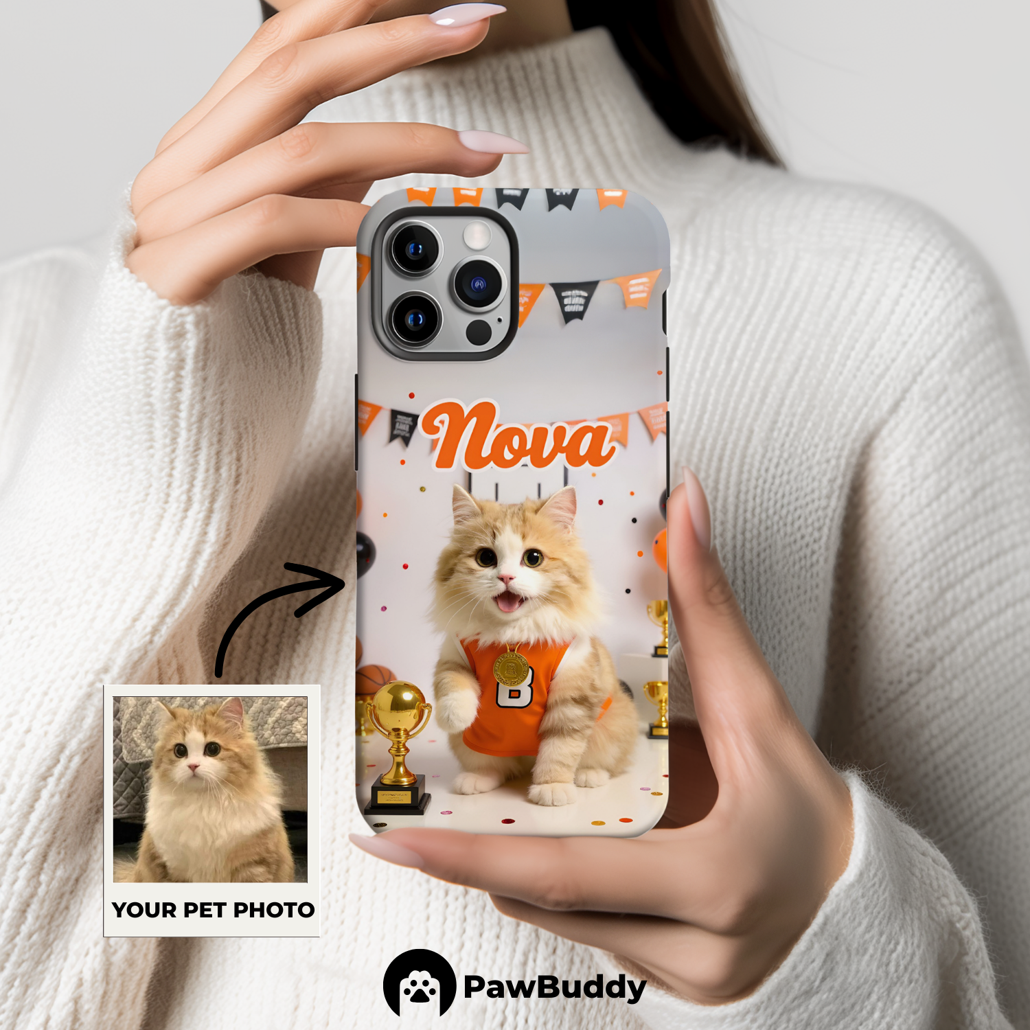 Custom Pet Phone Case for iPhone 11–17, Personalized Basketball Champion Orange Jersey Studio Design with Trophy and Banner Decor, Dual-Layer Shockproof PC+TPU Protective Cover with Glossy Wraparound Printing, Unique Gift for Pet Lovers