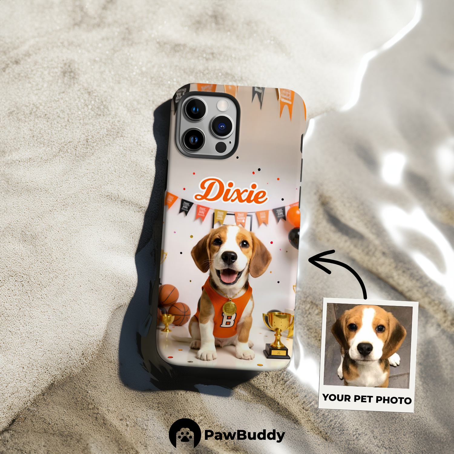 Custom Pet Phone Case for iPhone 11–17, Personalized Basketball Champion Orange Jersey Studio Design with Trophy and Banner Decor, Dual-Layer Shockproof PC+TPU Protective Cover with Glossy Wraparound Printing, Unique Gift for Pet Lovers