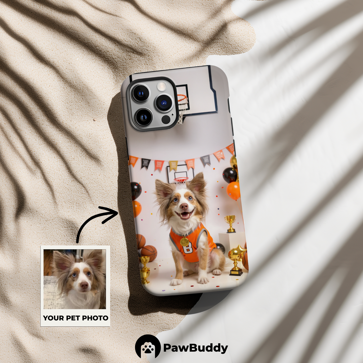 Custom Pet Phone Case for iPhone 11–17, Personalized Basketball Champion Orange Jersey Studio Design with Trophy and Banner Decor, Dual-Layer Shockproof PC+TPU Protective Cover with Glossy Wraparound Printing, Unique Gift for Pet Lovers