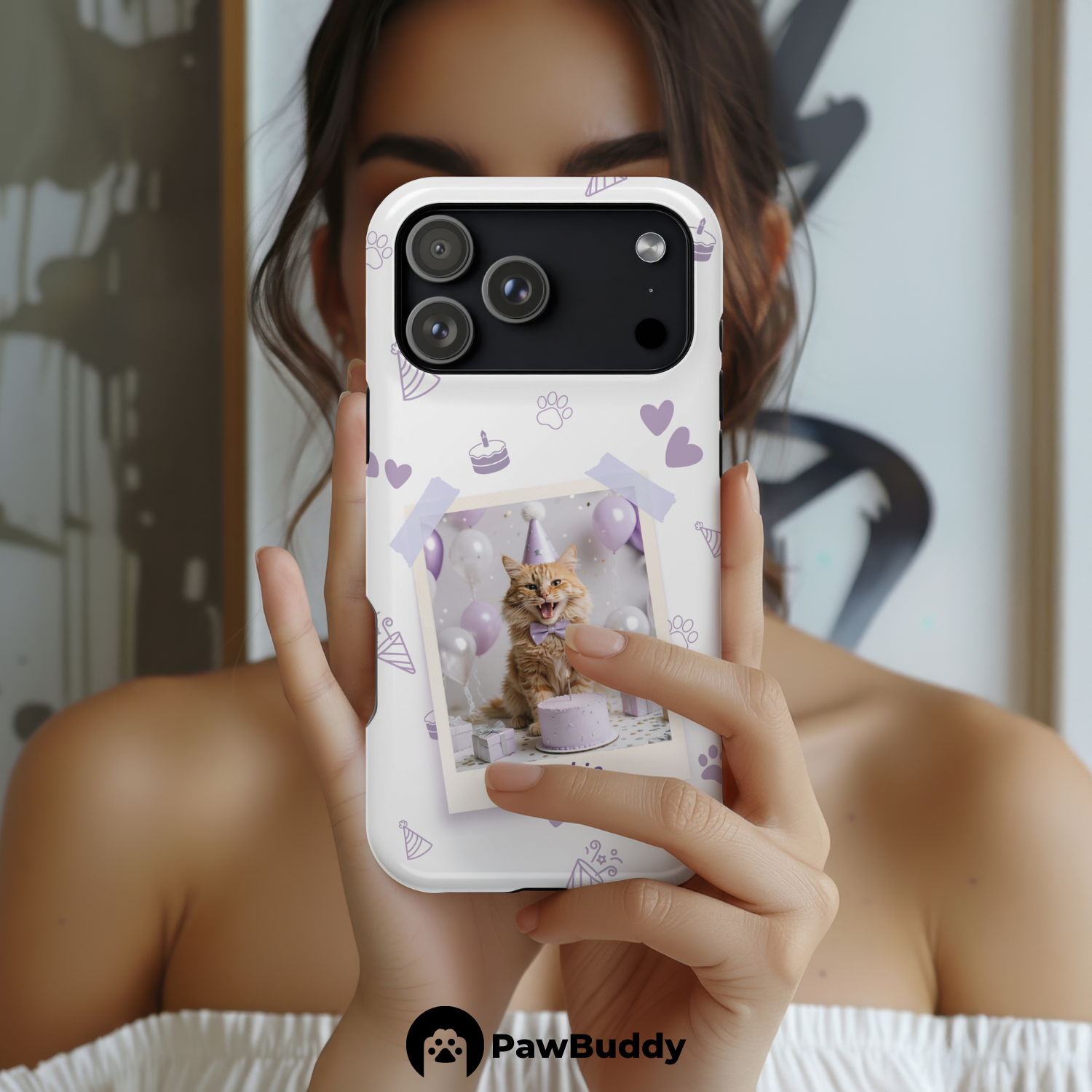 Custom Pet Phone Case for iPhone 11–17, Personalized Birthday Celebration Purple Pattern with Polaroid Photo Frame and Name, Dual-Layer Shockproof PC+TPU Protective Cover with Glossy Wraparound Printing, Unique Gift for Pet Lovers