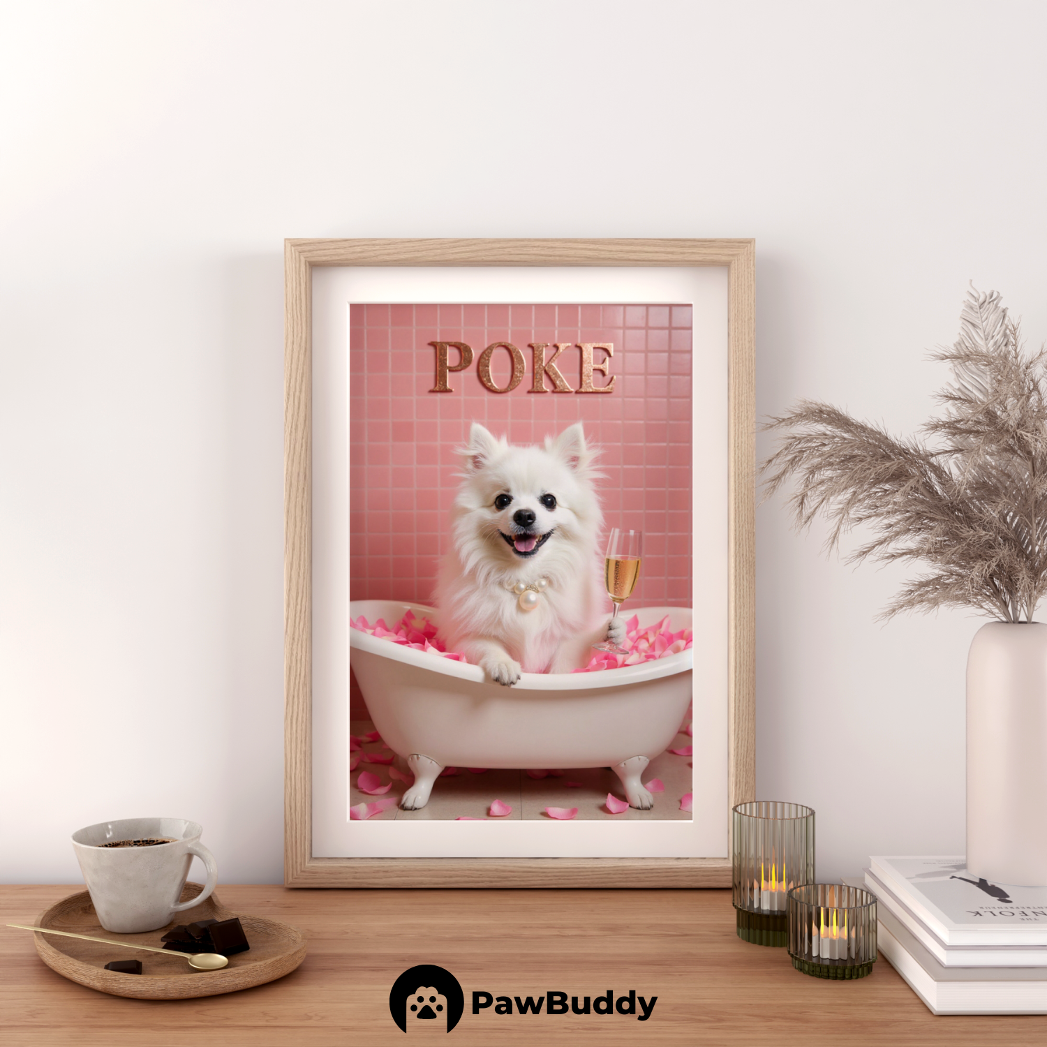 Custom Pet Poster Luxury Bathtub Portrait with Pink Rose Petals and Champagne Glass – Personalized High-Resolution Matte Print for Wall Art, Home Decor, or Unique Gifts for Pet Lovers (Frame Not Included)