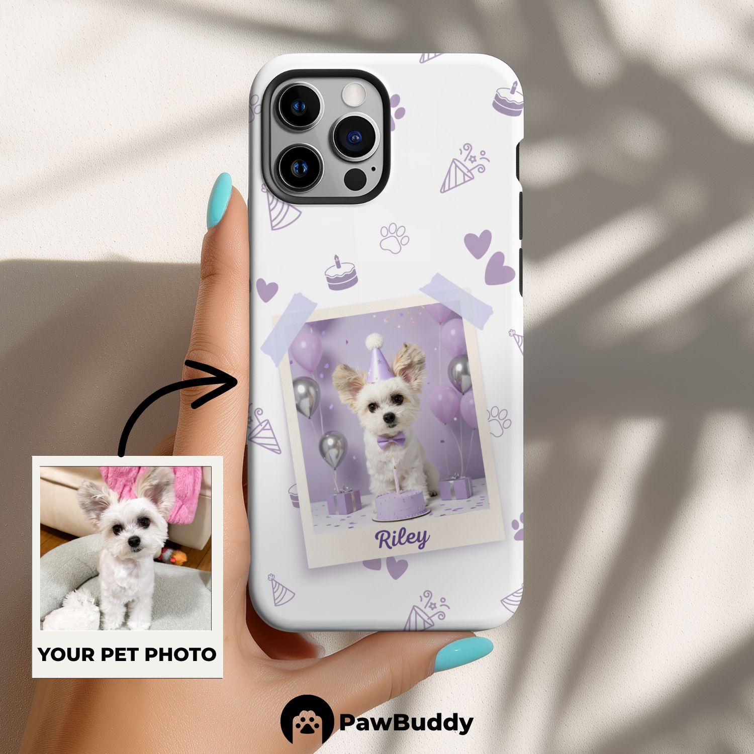 Custom Pet Phone Case for iPhone 11–17, Personalized Birthday Celebration Purple Pattern with Polaroid Photo Frame and Name, Dual-Layer Shockproof PC+TPU Protective Cover with Glossy Wraparound Printing, Unique Gift for Pet Lovers