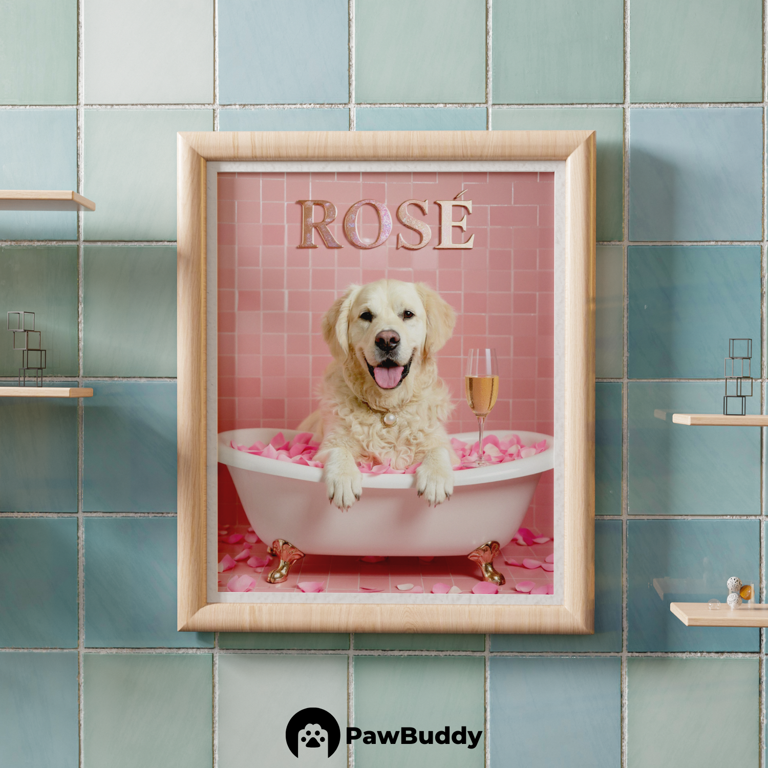 Custom Pet Poster Luxury Bathtub Portrait with Pink Rose Petals and Champagne Glass – Personalized High-Resolution Matte Print for Wall Art, Home Decor, or Unique Gifts for Pet Lovers (Frame Not Included)