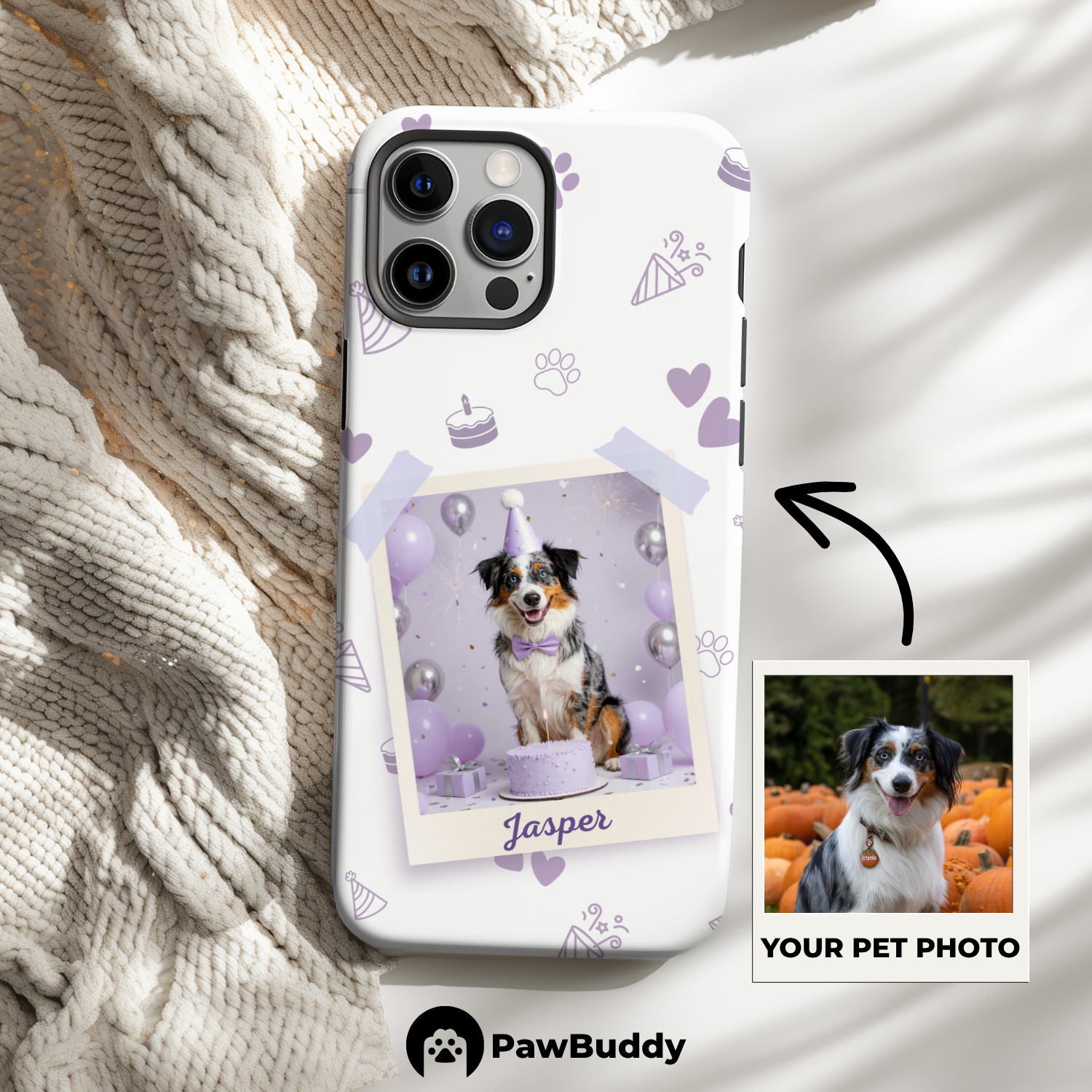 Custom Pet Phone Case for iPhone 11–17, Personalized Birthday Celebration Purple Pattern with Polaroid Photo Frame and Name, Dual-Layer Shockproof PC+TPU Protective Cover with Glossy Wraparound Printing, Unique Gift for Pet Lovers