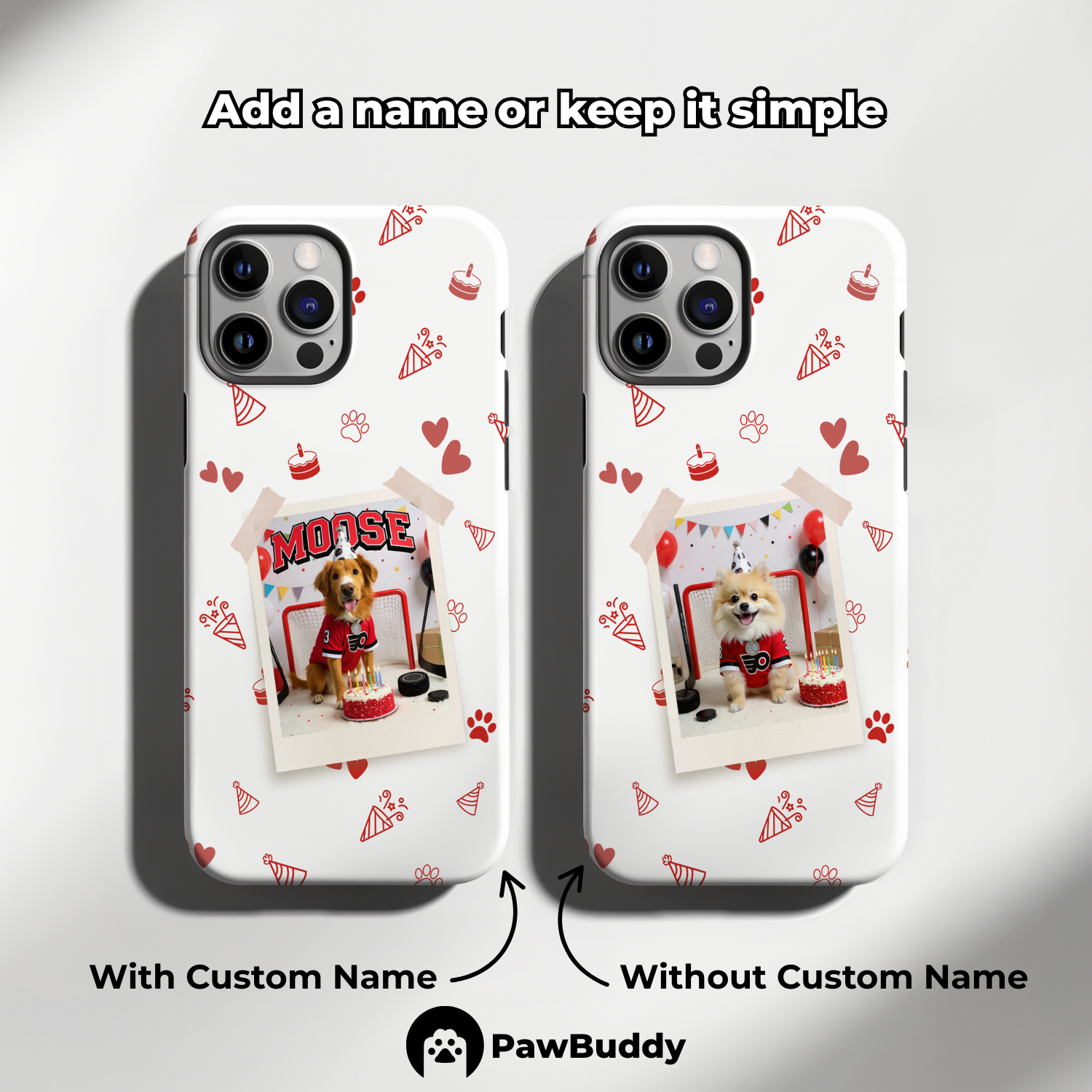 Custom Pet Phone Case for iPhone 11–17, Personalized Birthday Celebration Hockey Red Pattern Polaroid Frame Design, Dual-Layer Shockproof PC+TPU Protective Cover with Glossy Wraparound Printing, Unique Gift for Pet Lovers