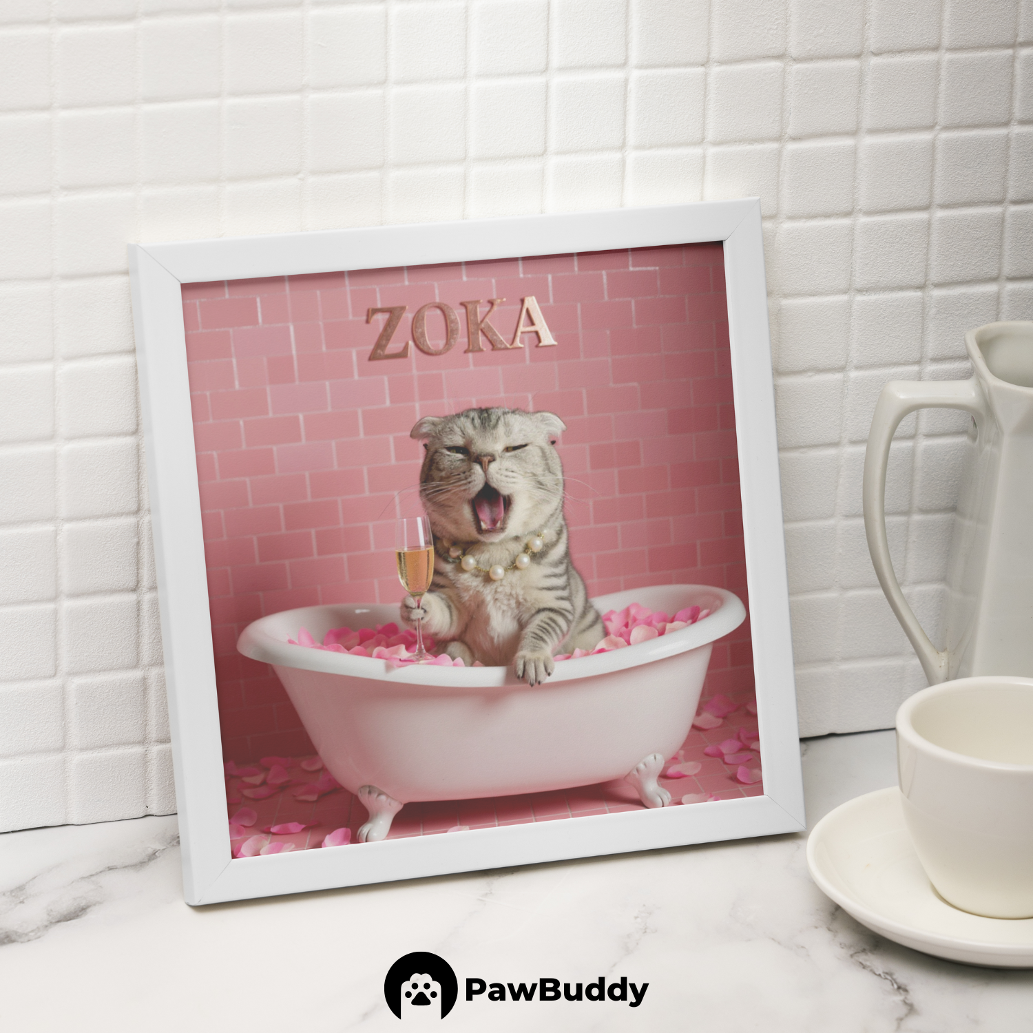 Custom Pet Poster Luxury Bathtub Portrait with Pink Rose Petals and Champagne Glass – Personalized High-Resolution Matte Print for Wall Art, Home Decor, or Unique Gifts for Pet Lovers (Frame Not Included)