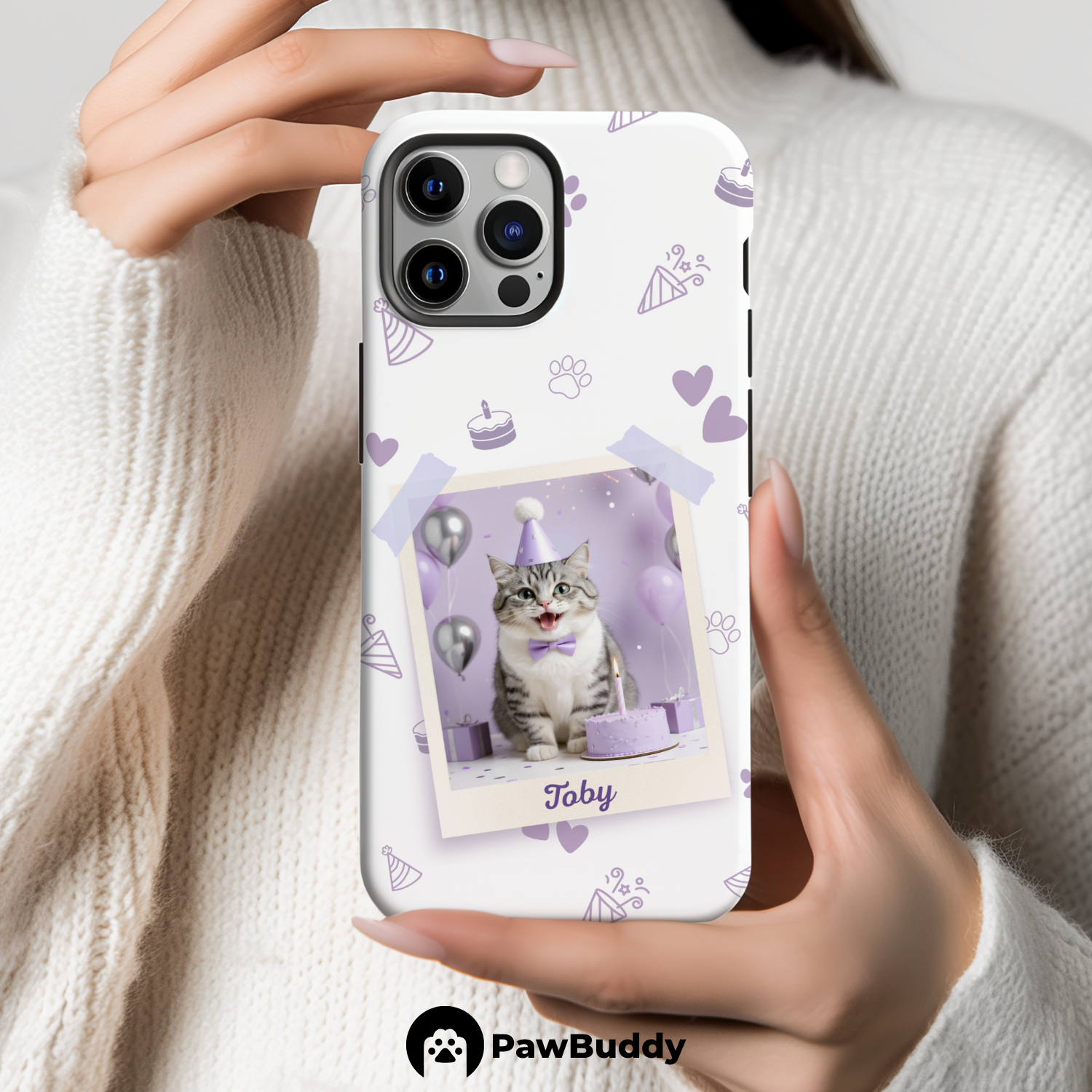 Custom Pet Phone Case for iPhone 11–17, Personalized Birthday Celebration Purple Pattern with Polaroid Photo Frame and Name, Dual-Layer Shockproof PC+TPU Protective Cover with Glossy Wraparound Printing, Unique Gift for Pet Lovers