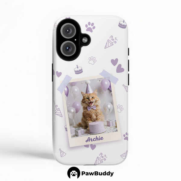Custom Pet Phone Case for iPhone 11–17, Personalized Birthday Celebration Purple Pattern with Polaroid Photo Frame and Name, Dual-Layer Shockproof PC+TPU Protective Cover with Glossy Wraparound Printing, Unique Gift for Pet Lovers
