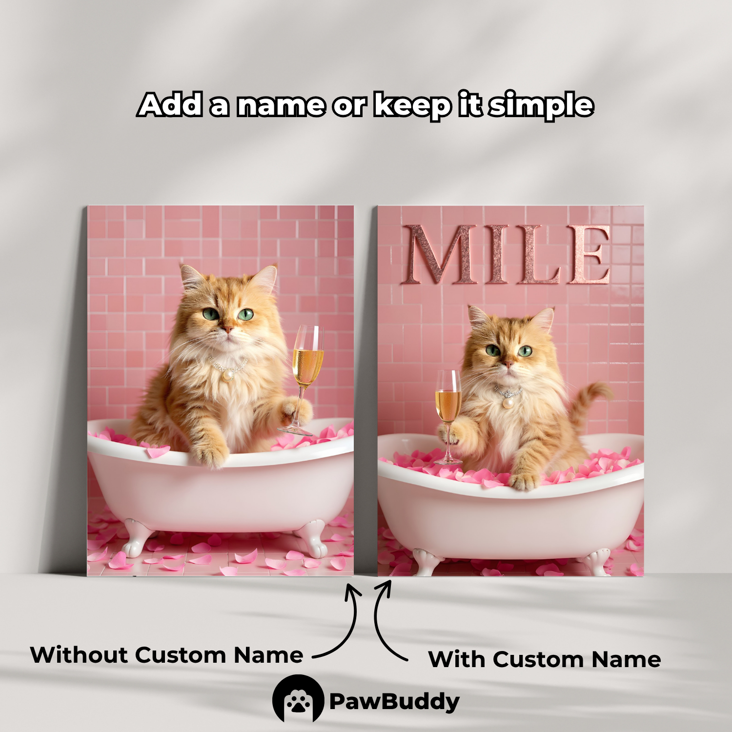Custom Pet Poster Luxury Bathtub Portrait with Pink Rose Petals and Champagne Glass – Personalized High-Resolution Matte Print for Wall Art, Home Decor, or Unique Gifts for Pet Lovers (Frame Not Included)