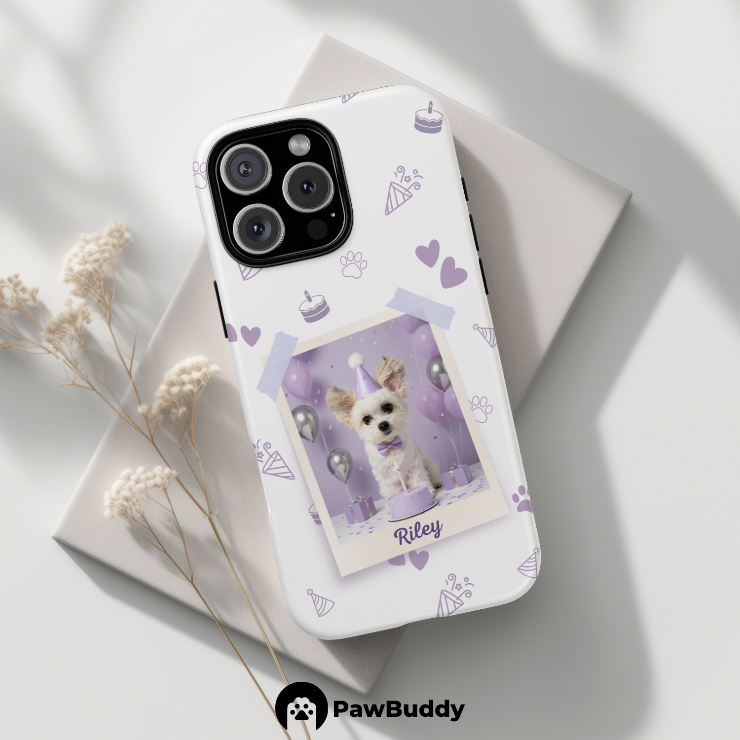 Custom Pet Phone Case for iPhone 11–17, Personalized Birthday Celebration Purple Pattern with Polaroid Photo Frame and Name, Dual-Layer Shockproof PC+TPU Protective Cover with Glossy Wraparound Printing, Unique Gift for Pet Lovers