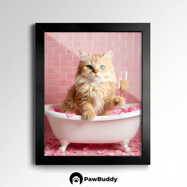 Custom Pet Poster Luxury Bathtub Portrait with Pink Rose Petals and Champagne Glass – Personalized High-Resolution Matte Print for Wall Art, Home Decor, or Unique Gifts for Pet Lovers