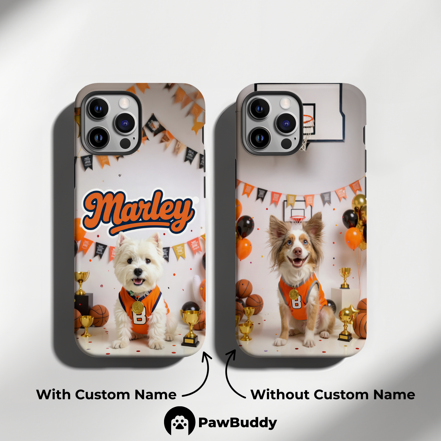 Custom Pet Phone Case for iPhone 11–17, Personalized Basketball Champion Orange Jersey Studio Design with Trophy and Banner Decor, Dual-Layer Shockproof PC+TPU Protective Cover with Glossy Wraparound Printing, Unique Gift for Pet Lovers