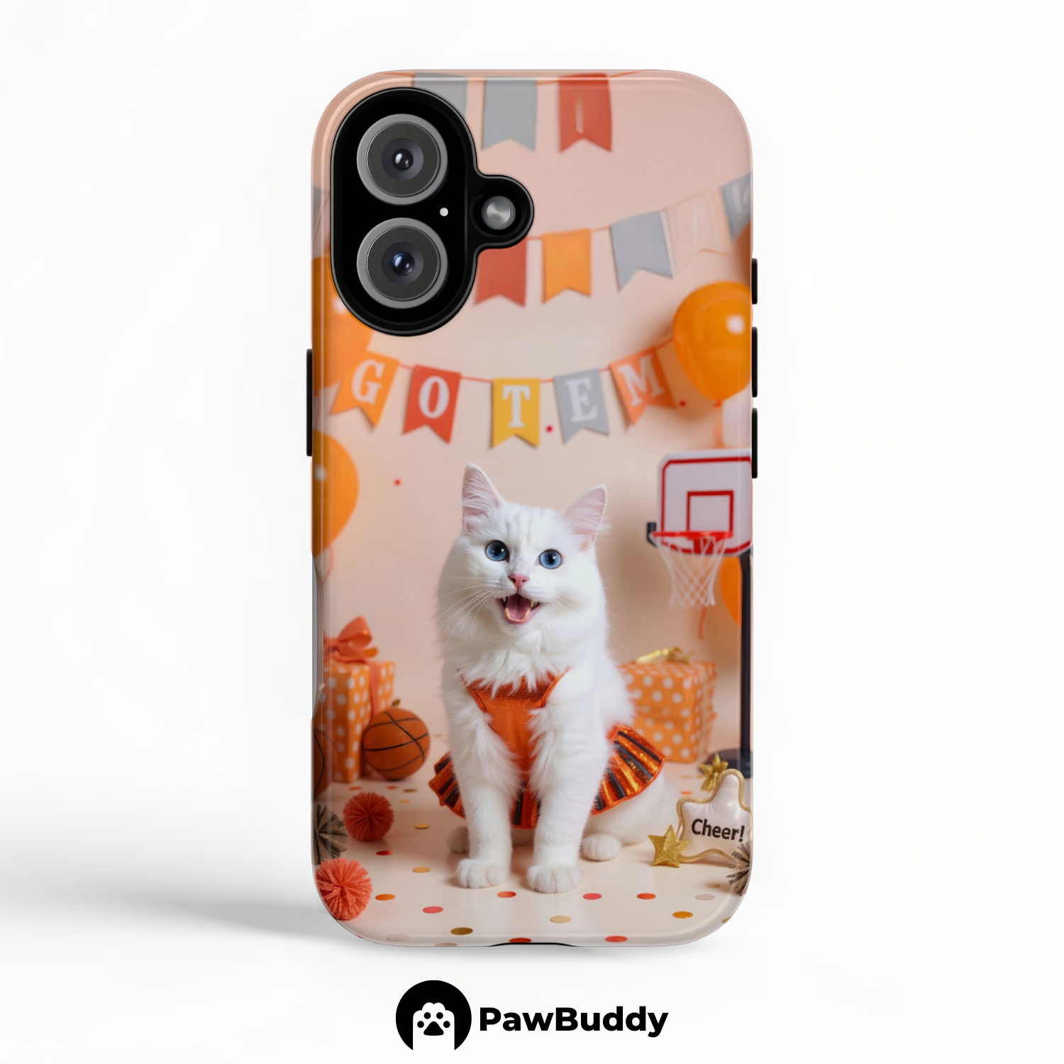 Custom Pet Phone Case for iPhone 11–17, Personalized Basketball Cheerleader Orange Studio Design with Banner and Hoop Decor, Dual-Layer Shockproof PC+TPU Protective Cover with Glossy Wraparound Printing, Unique Gift for Pet Lovers