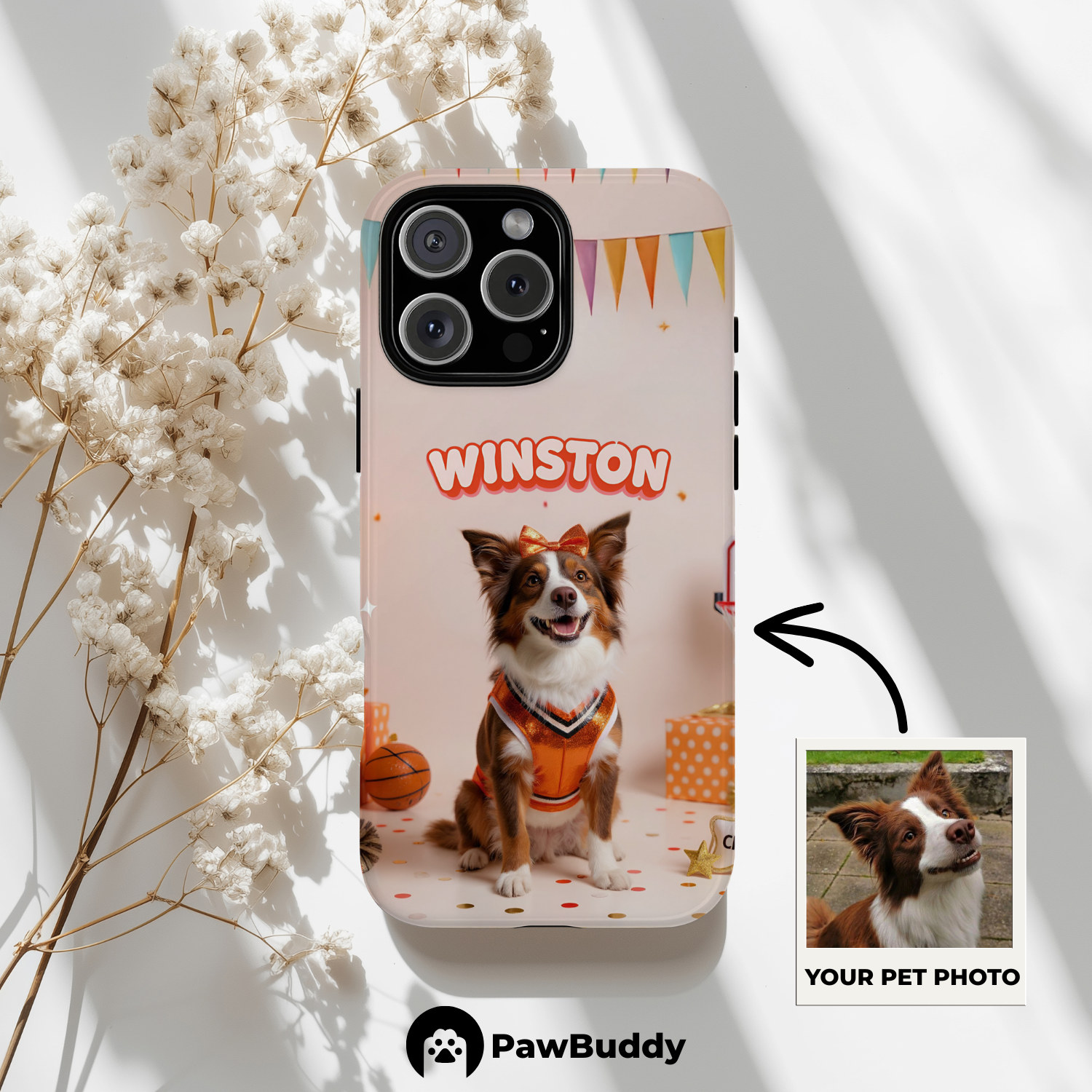Custom Pet Phone Case for iPhone 11–17, Personalized Basketball Cheerleader Orange Studio Design with Banner and Hoop Decor, Dual-Layer Shockproof PC+TPU Protective Cover with Glossy Wraparound Printing, Unique Gift for Pet Lovers