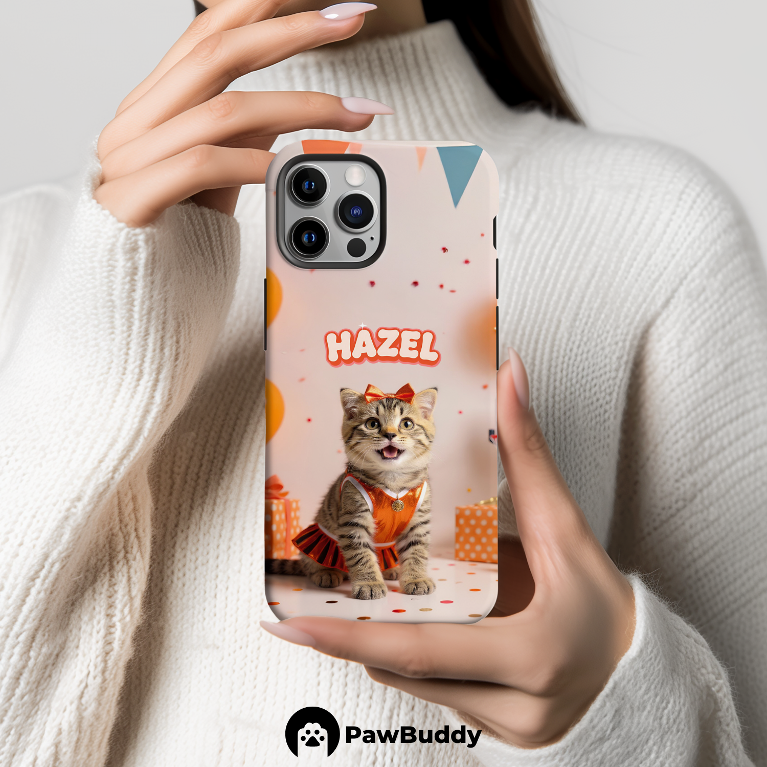 Custom Pet Phone Case for iPhone 11–17, Personalized Basketball Cheerleader Orange Studio Design with Banner and Hoop Decor, Dual-Layer Shockproof PC+TPU Protective Cover with Glossy Wraparound Printing, Unique Gift for Pet Lovers