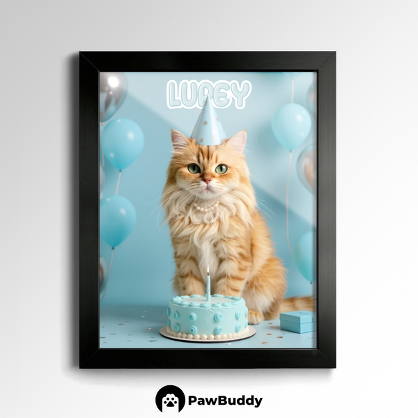 Custom Pet Poster Birthday Celebration Portrait with Blue Background – Personalized High-Resolution Matte Print for Wall Art, Home Decor, or Unique Gifts for Pet Lovers
