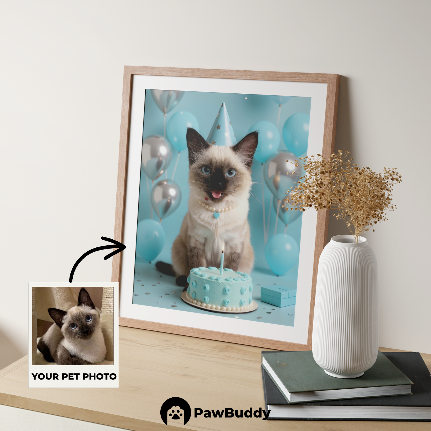 Custom Pet Poster Birthday Celebration Portrait with Blue Background – Personalized High-Resolution Matte Print for Wall Art, Home Decor, or Unique Gifts for Pet Lovers (Frame Not Included)