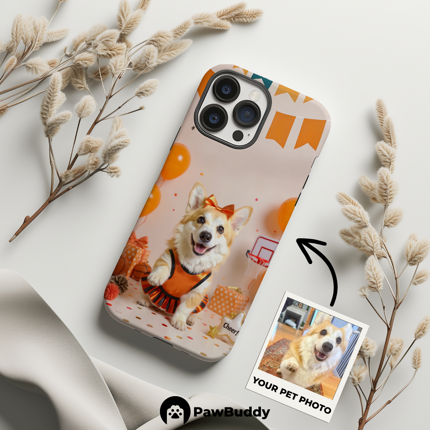 Custom Pet Phone Case for iPhone 11–17, Personalized Basketball Cheerleader Orange Studio Design with Banner and Hoop Decor, Dual-Layer Shockproof PC+TPU Protective Cover with Glossy Wraparound Printing, Unique Gift for Pet Lovers