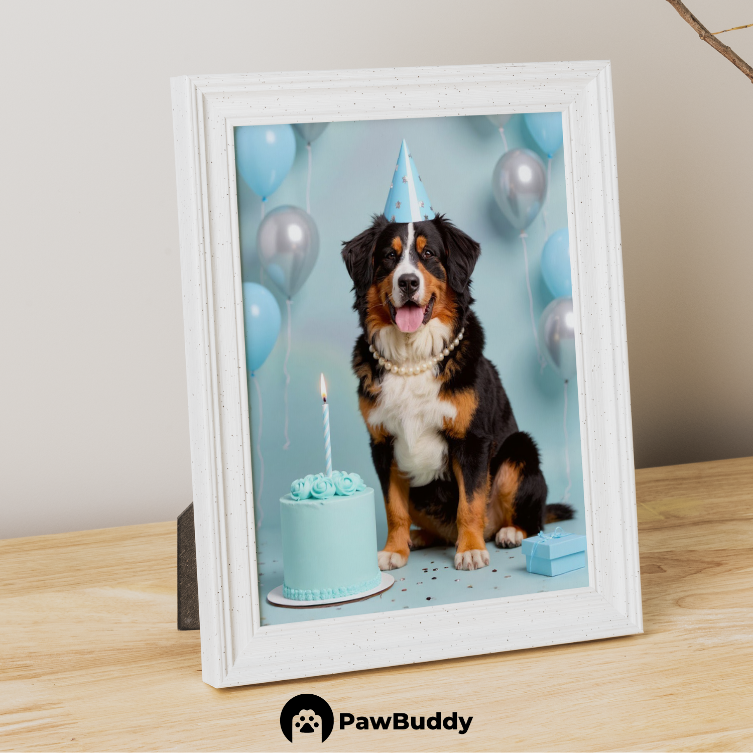 Custom Pet Poster Birthday Celebration Portrait with Blue Background – Personalized High-Resolution Matte Print for Wall Art, Home Decor, or Unique Gifts for Pet Lovers (Frame Not Included)