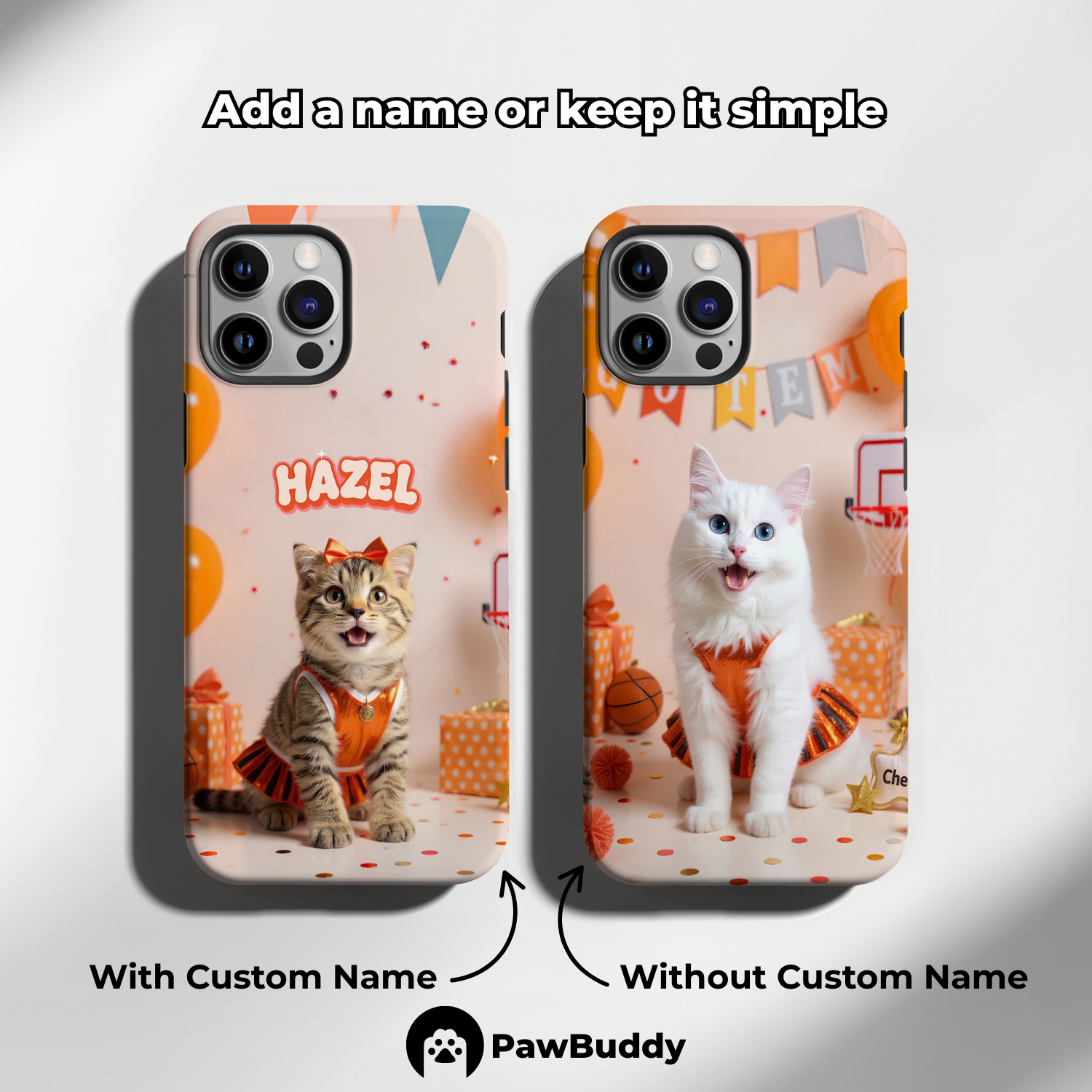 Custom Pet Phone Case for iPhone 11–17, Personalized Basketball Cheerleader Orange Studio Design with Banner and Hoop Decor, Dual-Layer Shockproof PC+TPU Protective Cover with Glossy Wraparound Printing, Unique Gift for Pet Lovers