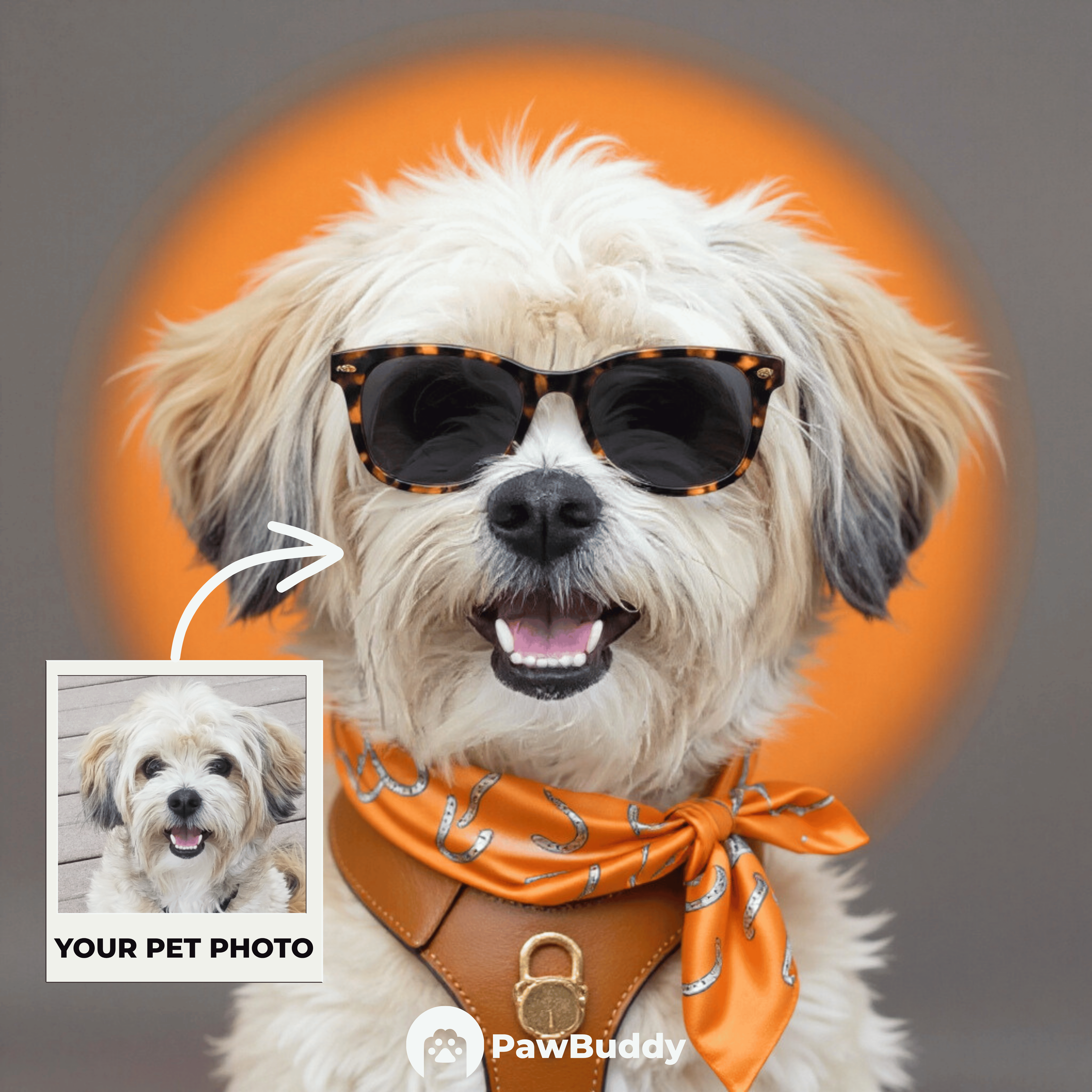 Custom Pet Portrait Equestrian Luxe Orange Elegance Digital Artwork – Personalized High-Resolution Artwork for Pet Lovers, Perfect for Online Sharing or as a Unique Fashion-Inspired Keepsake