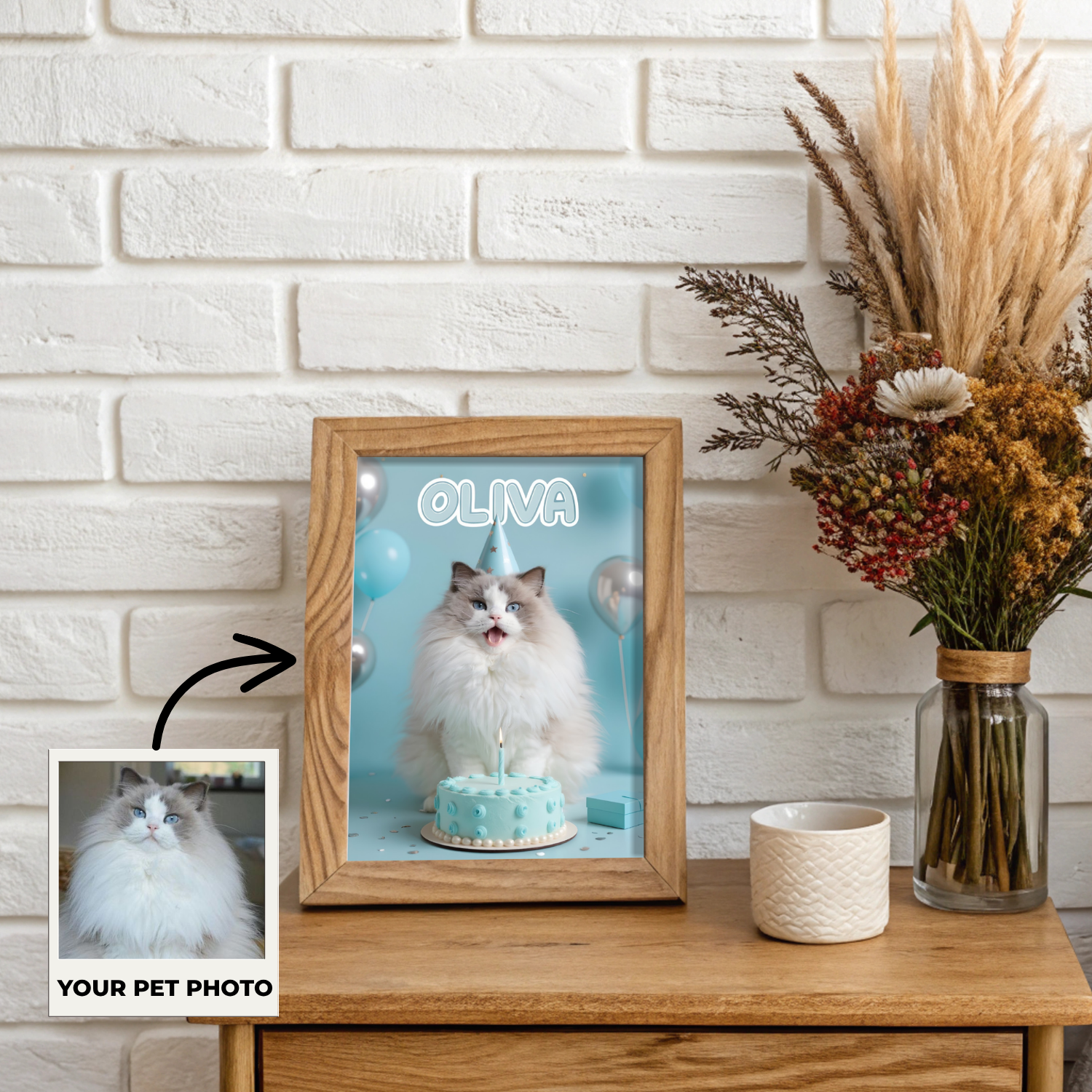 Custom Pet Poster Birthday Celebration Portrait with Blue Background – Personalized High-Resolution Matte Print for Wall Art, Home Decor, or Unique Gifts for Pet Lovers (Frame Not Included)