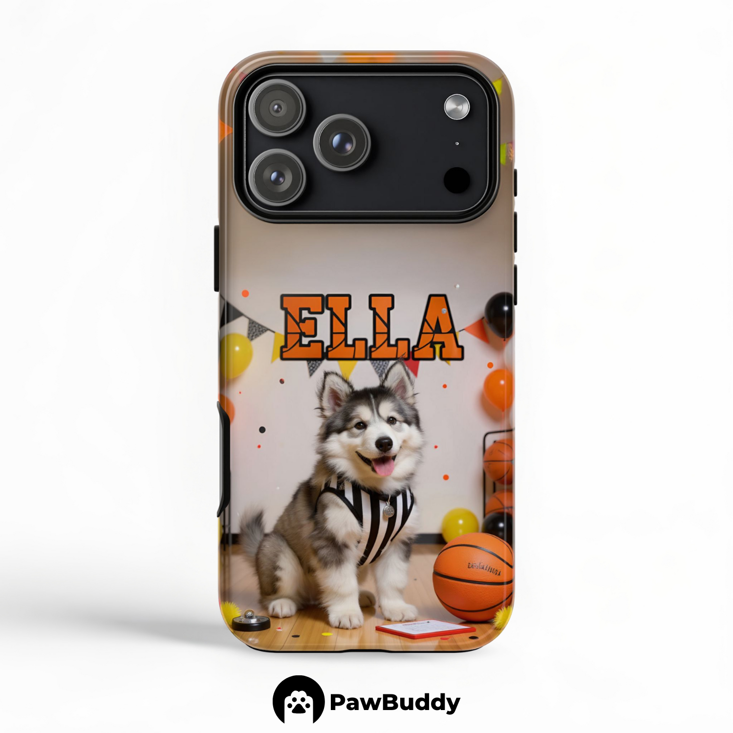 Custom Pet Phone Case for iPhone 11–17, Personalized Basketball Referee Black and White Striped Studio Design with Orange Ball Decor, Dual-Layer Shockproof PC+TPU Protective Cover with Glossy Wraparound Printing, Unique Gift for Pet Lovers