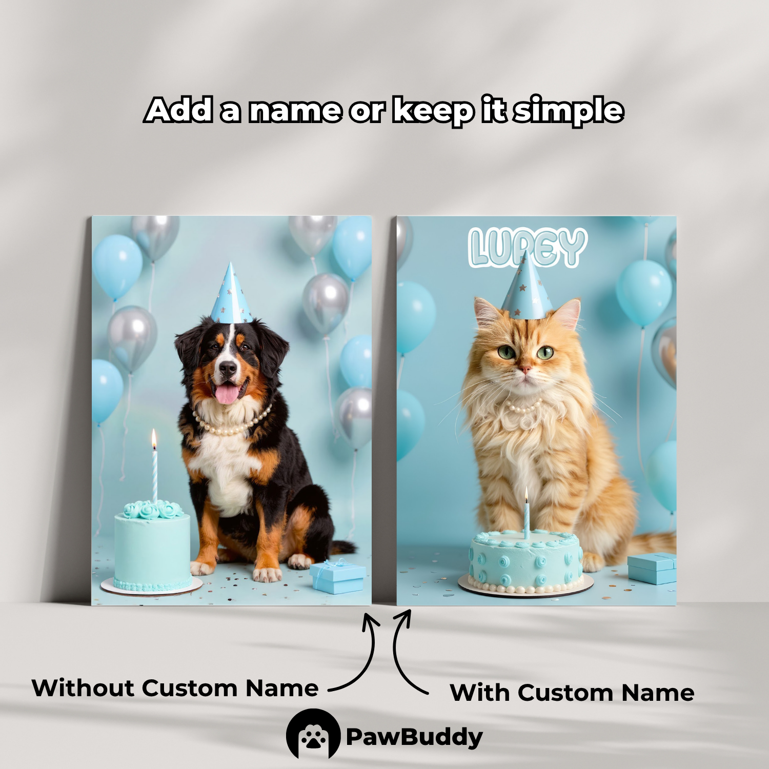 Custom Pet Poster Birthday Celebration Portrait with Blue Background – Personalized High-Resolution Matte Print for Wall Art, Home Decor, or Unique Gifts for Pet Lovers (Frame Not Included)