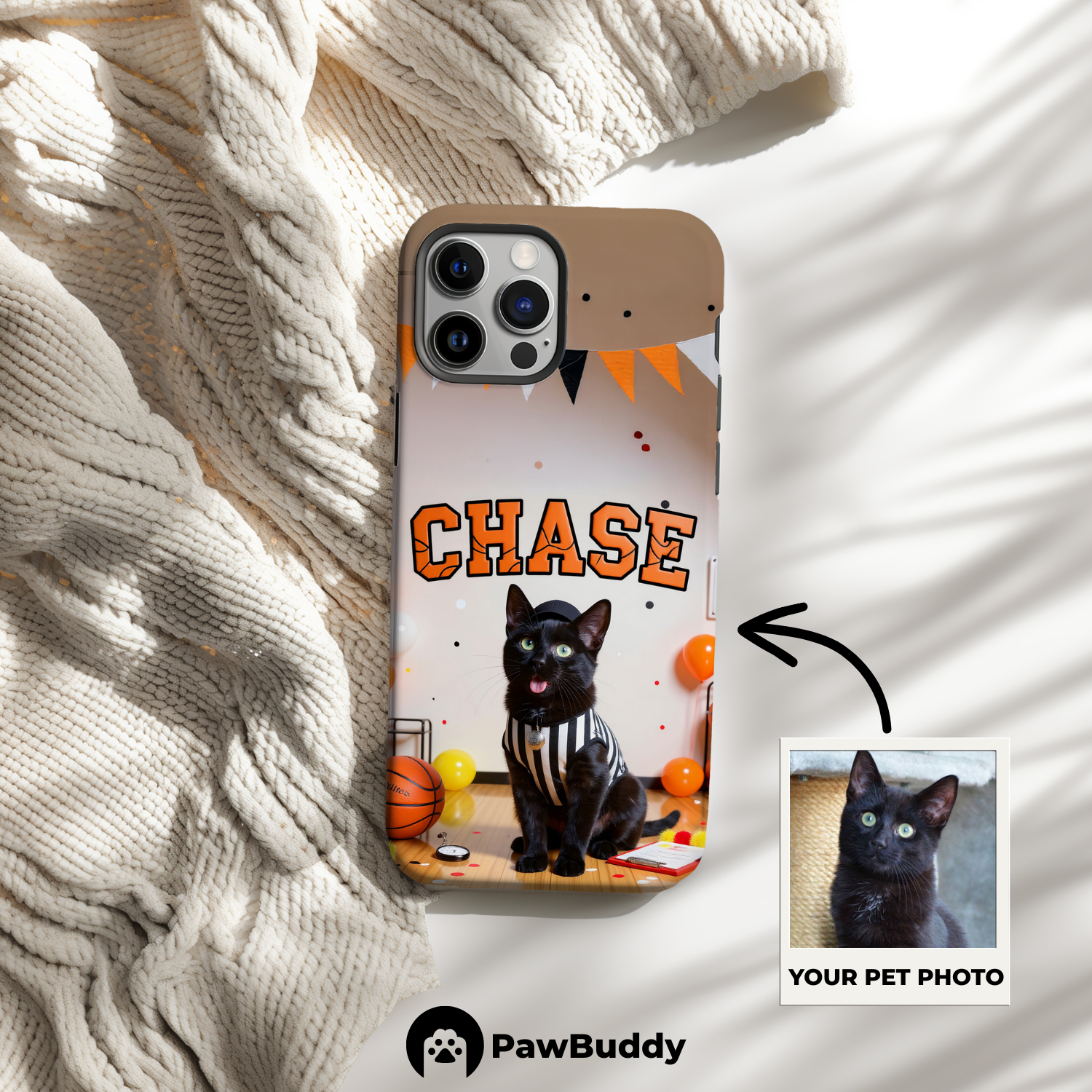 Custom Pet Phone Case for iPhone 11–17, Personalized Basketball Referee Black and White Striped Studio Design with Orange Ball Decor, Dual-Layer Shockproof PC+TPU Protective Cover with Glossy Wraparound Printing, Unique Gift for Pet Lovers